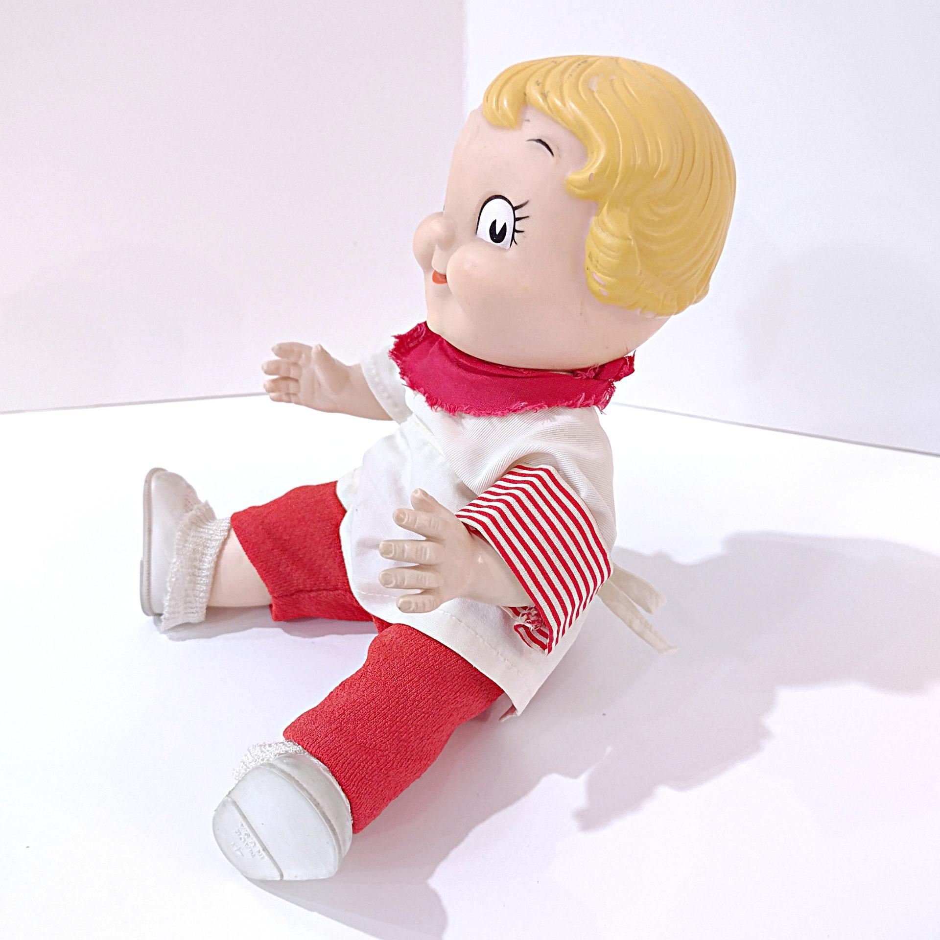 Vintage 1960's Campbells Soup Kids Doll with Red and White Dress, Poseable Campbell's Kids Blonde Boy Doll