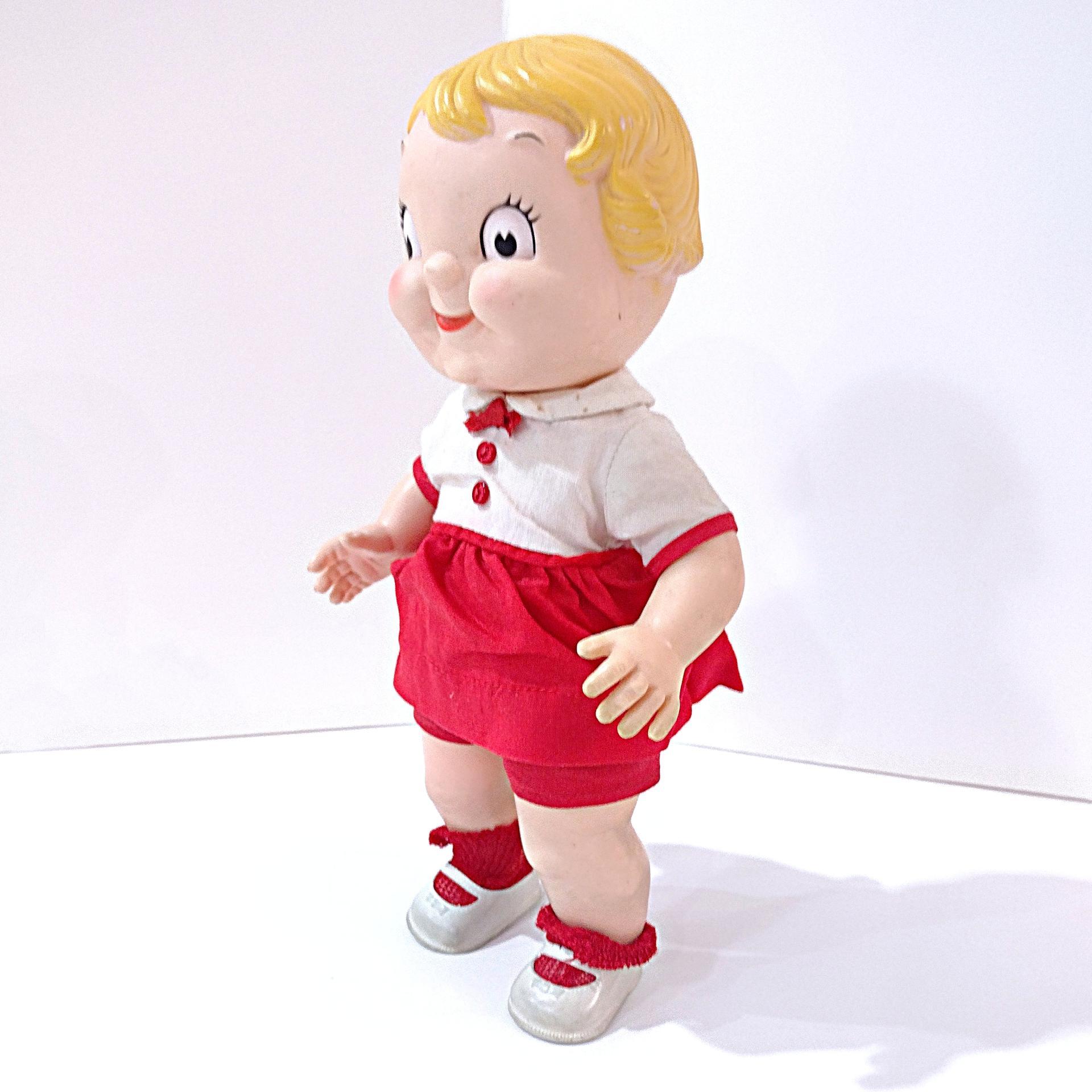Vintage 1960's Campbells Soup Kids Doll with Red and White Dress, Poseable Campbell's Kids Blonde Girl Doll