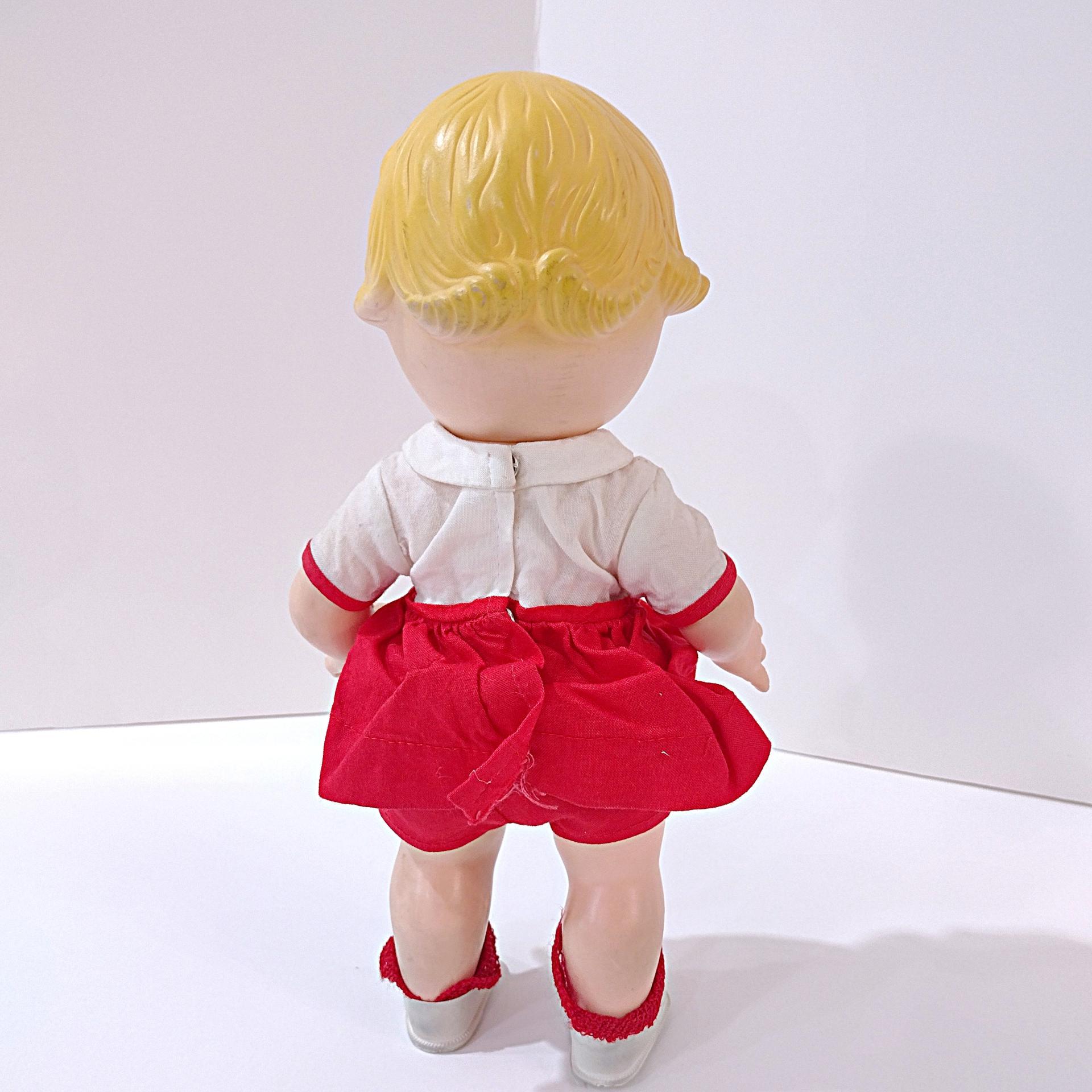 Vintage 1960's Campbells Soup Kids Doll with Red and White Dress, Poseable Campbell's Kids Blonde Girl Doll