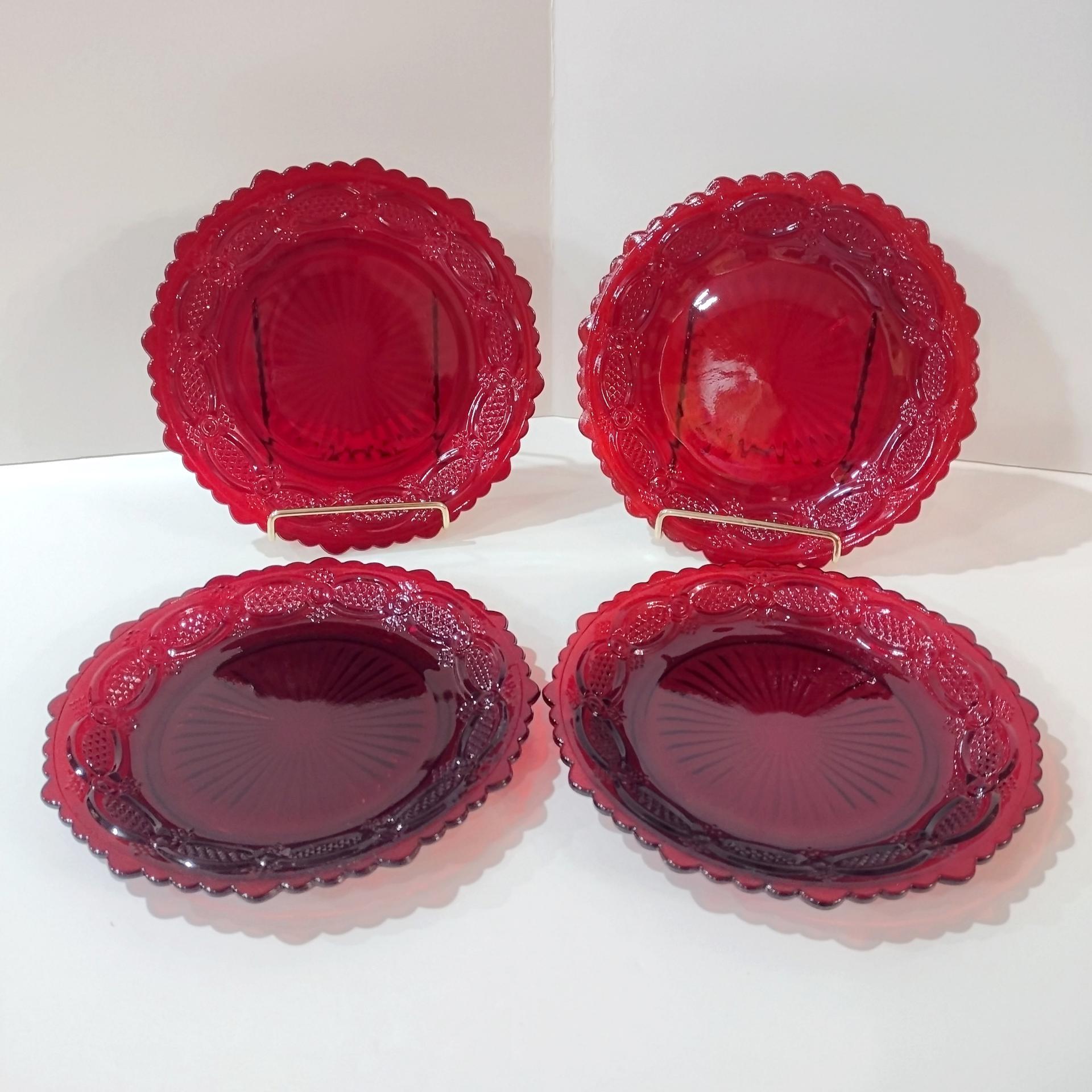 Vintage Avon 1876 Cape Cod Ruby Red Glass Salad Appetizer Dessert Plates, Set of Four