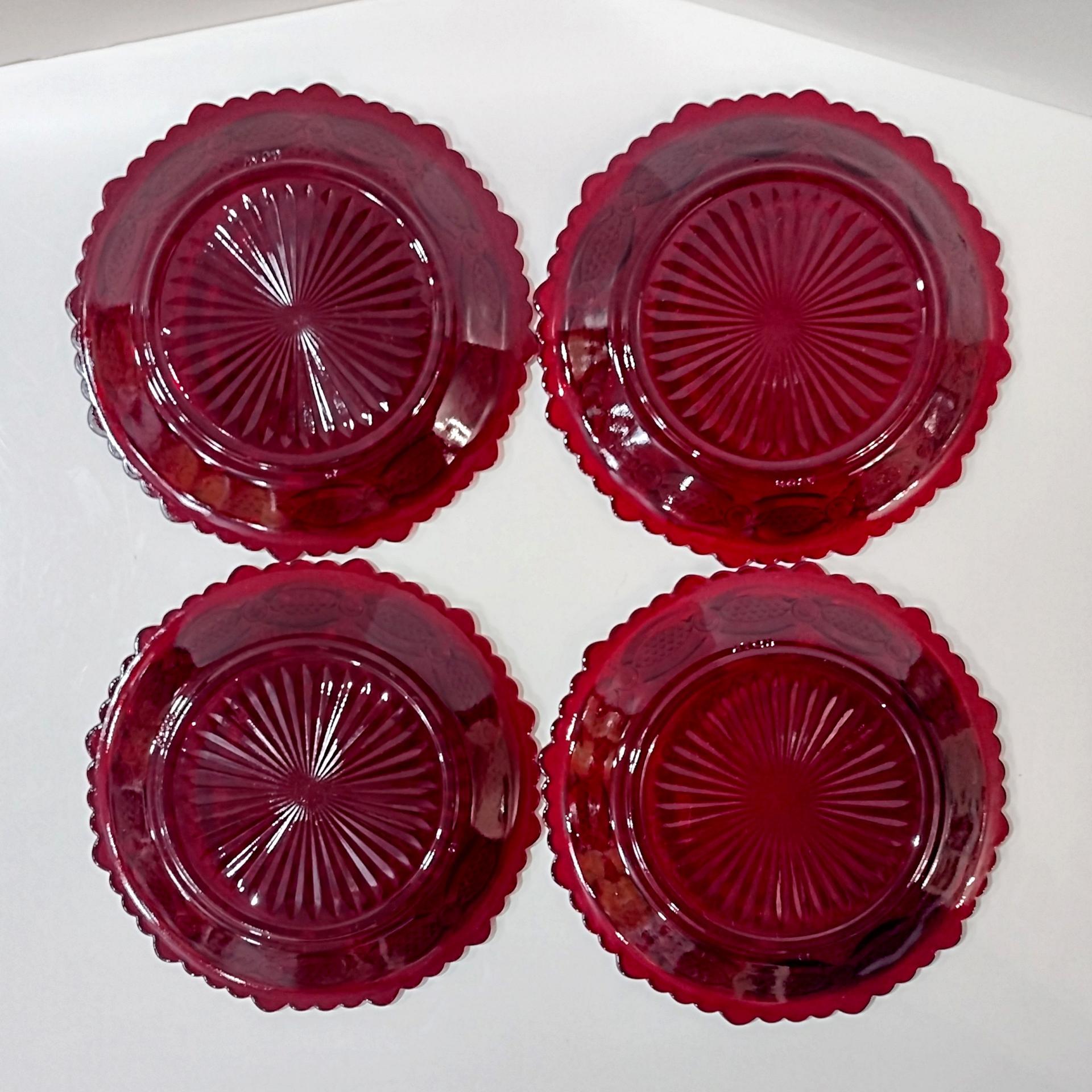 Vintage Avon 1876 Cape Cod Ruby Red Glass Salad Appetizer Dessert Plates, Set of Four