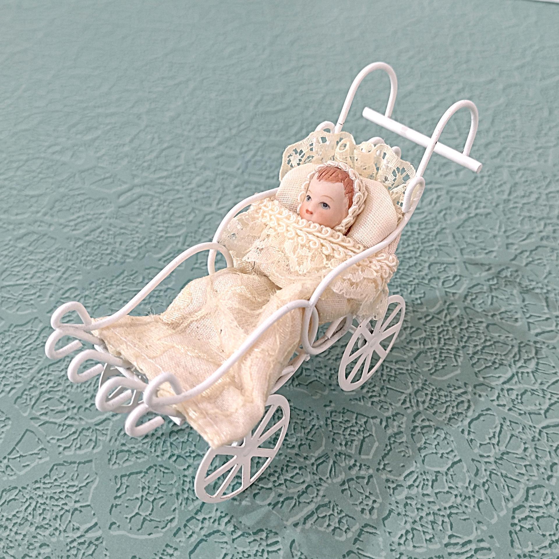 Vintage Victorian Lace Doll House Baby Carriage, Miniature Baby with White Metal Stroller Christmas Tree Ornament