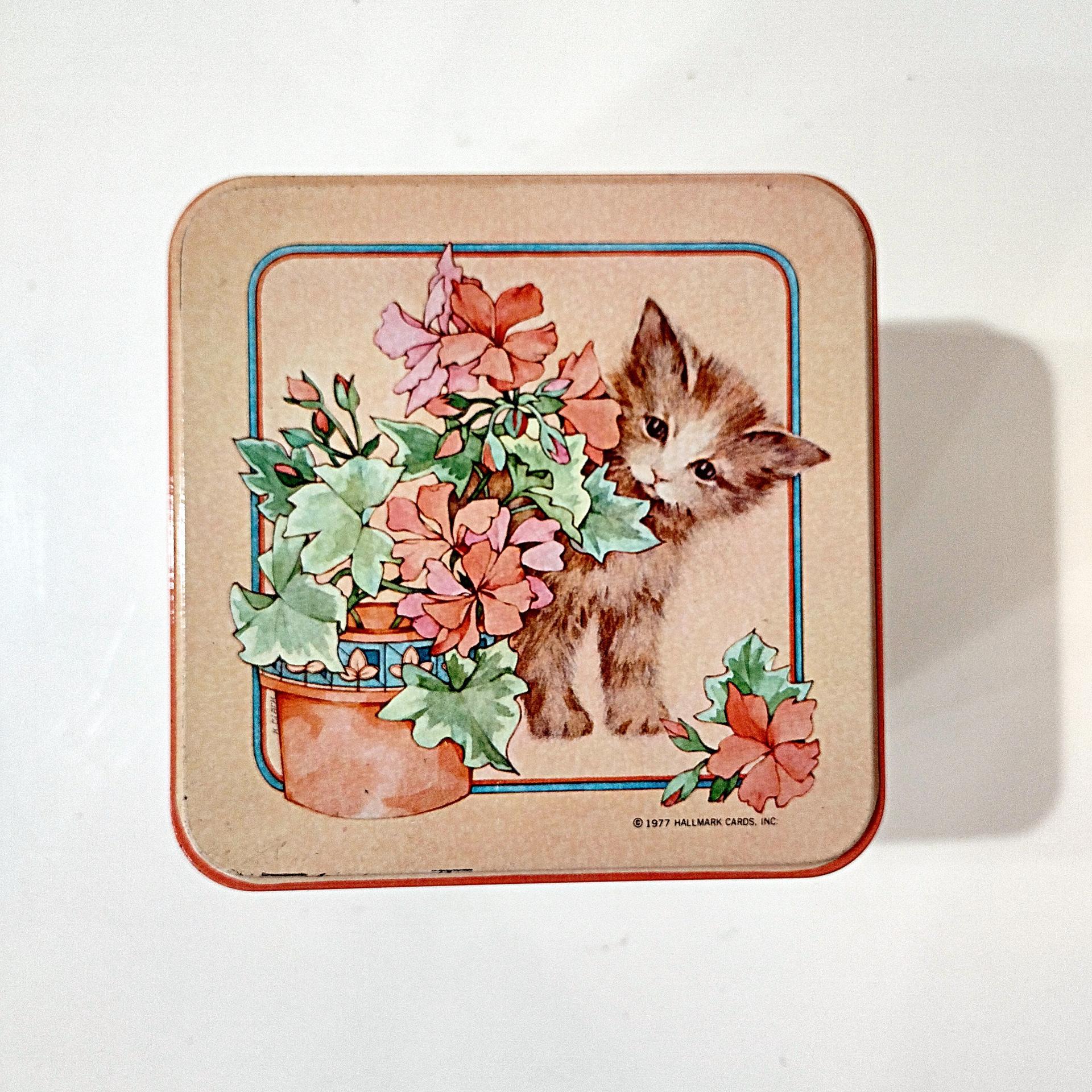 Vintage 1977 Hallmark Kitten Cat and Flowers Square Metal Storage Tin, Cat Treat Container