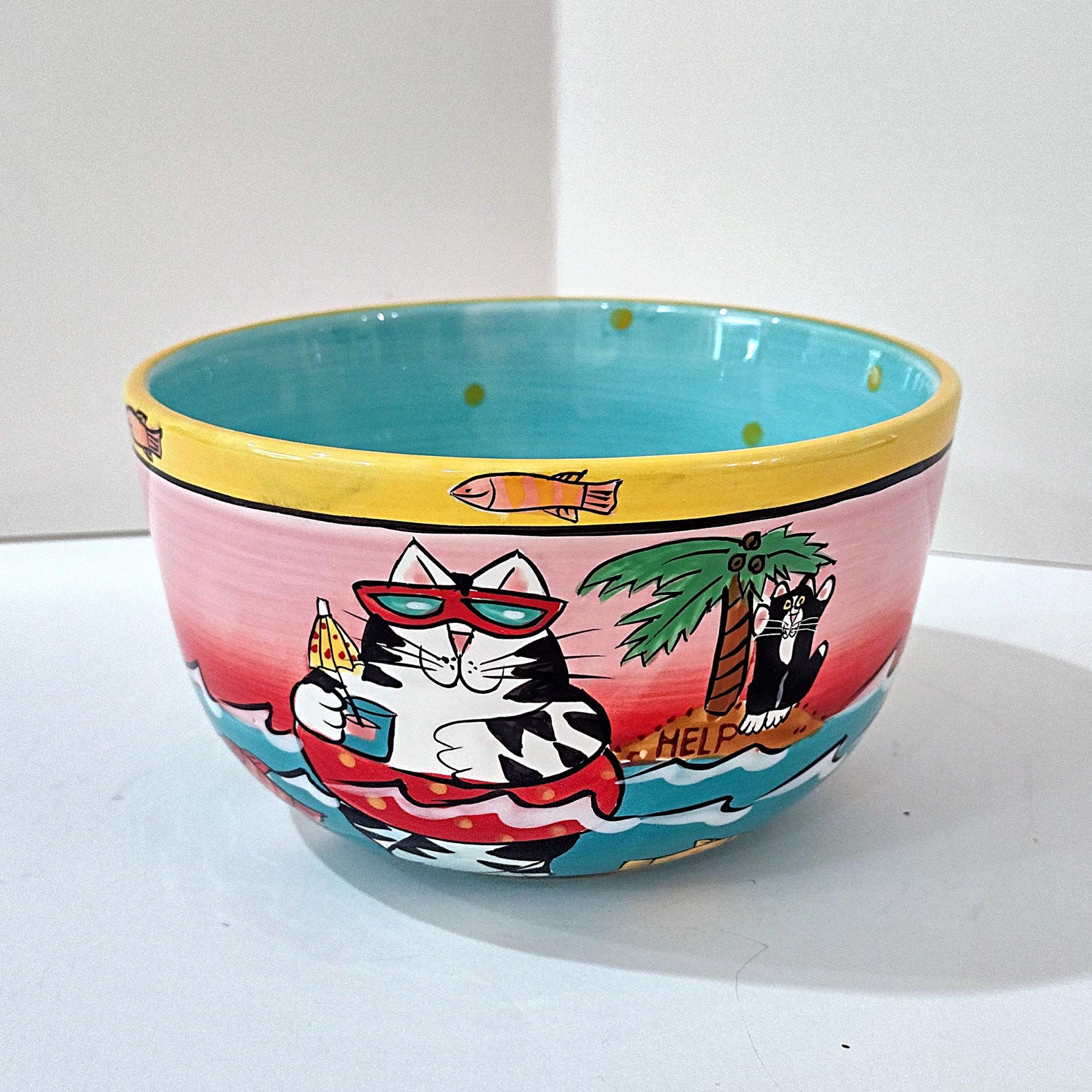 Vintage Candace Reiter Catzilla Fishing Swimming Snorkeling Cats Ceramic Bowl, Whimsical Cat All Purpose Bowl