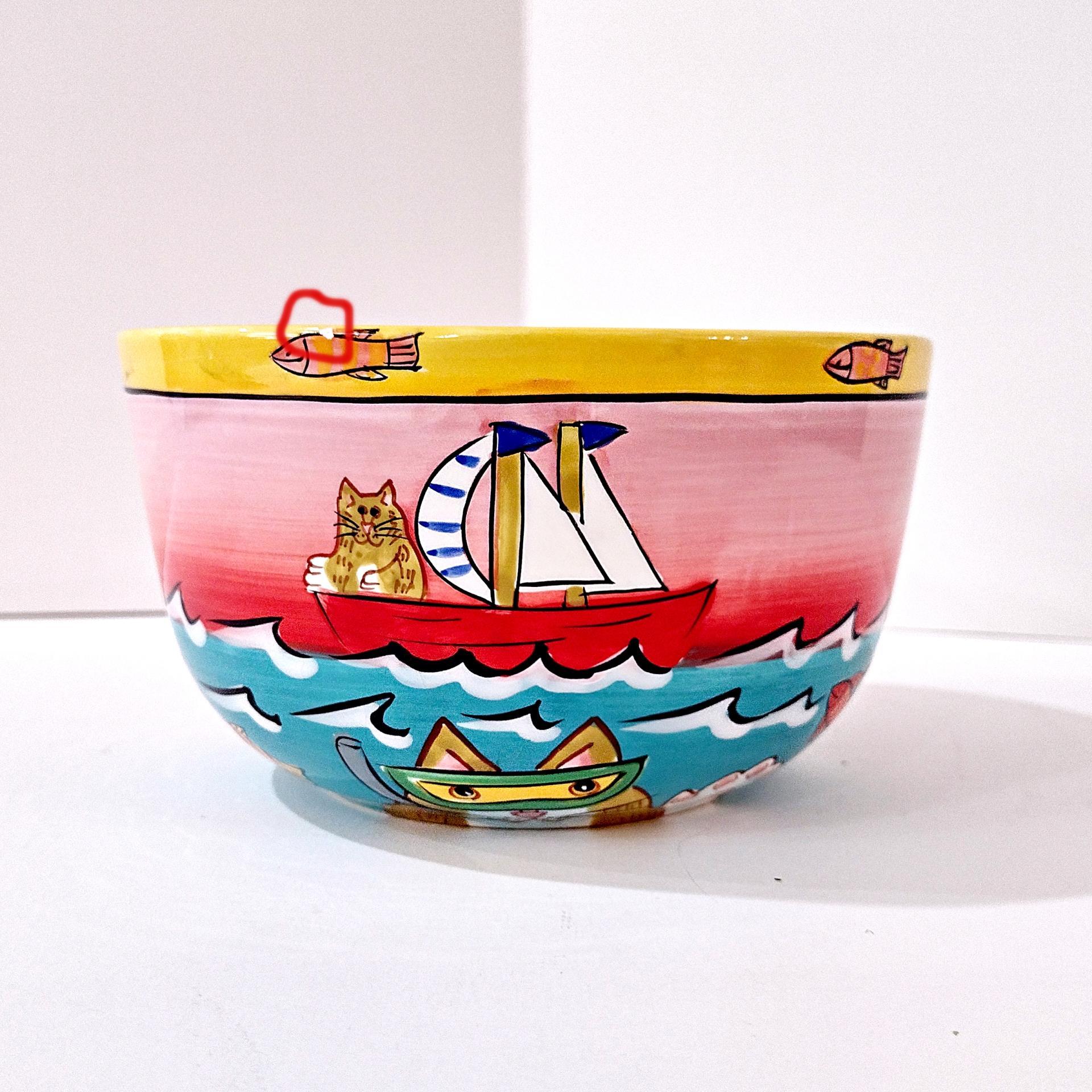 Vintage Candace Reiter Catzilla Fishing Swimming Snorkeling Cats Ceramic Bowl, Whimsical Cat All Purpose Bowl