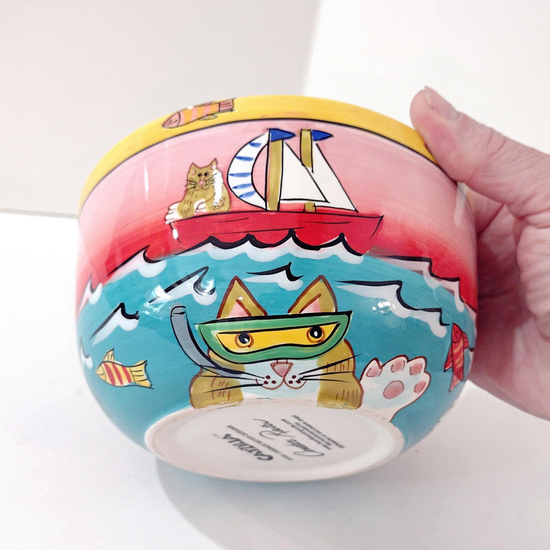 Vintage Candace Reiter Catzilla Fishing Swimming Snorkeling Cats Ceramic Bowl, Whimsical Cat All Purpose Bowl