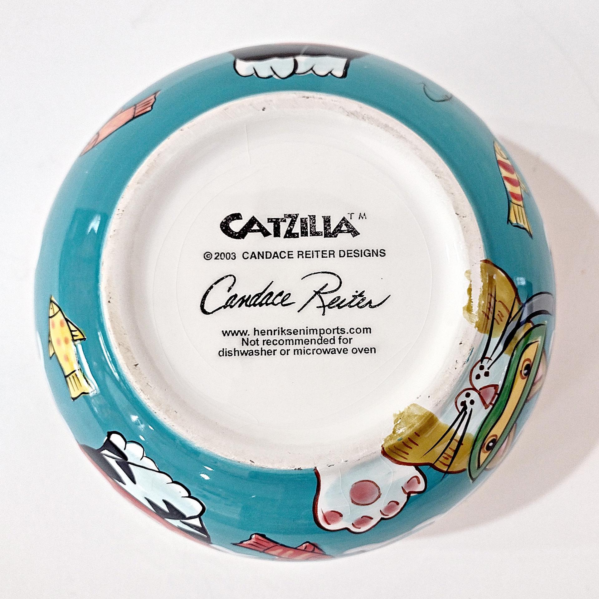 Vintage Candace Reiter Catzilla Fishing Swimming Snorkeling Cats Ceramic Bowl, Whimsical Cat All Purpose Bowl