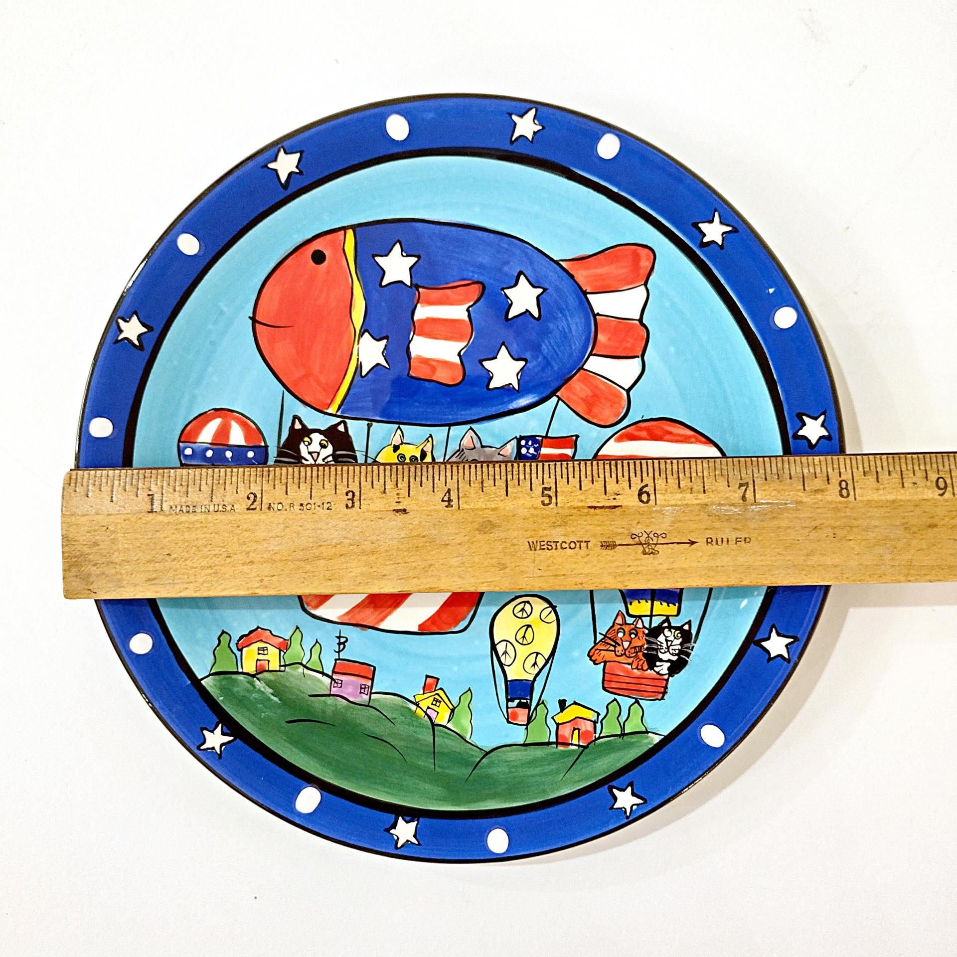 Vintage Candace Reiter Catzilla Hot Air Balloon Stars and Stripes Cats Ceramic Plate, Whimsical Patriotic Cat 8 Inch Plate