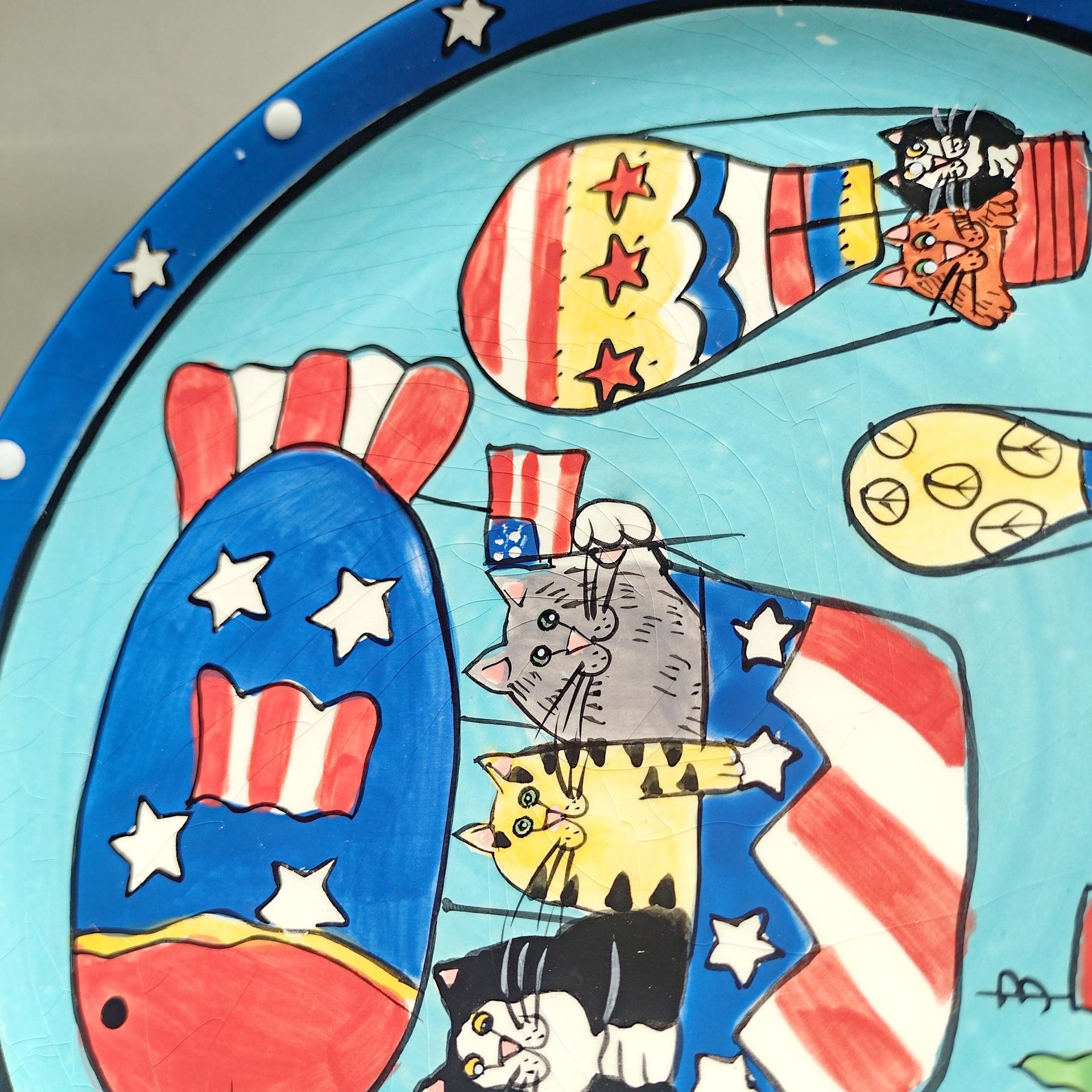 Vintage Candace Reiter Catzilla Hot Air Balloon Stars and Stripes Cats Ceramic Plate, Whimsical Patriotic Cat 8 Inch Plate
