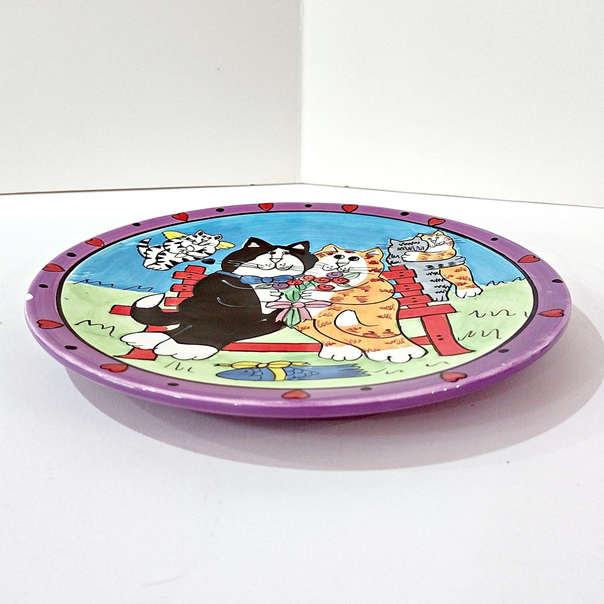 Vintage Candace Reiter Catzilla Cupid Cat Couple on a Park Bench Ceramic Plate, Whimsical Cat 8 Inch Plate