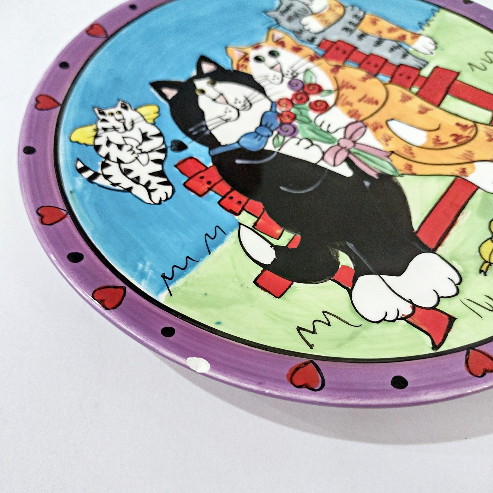 Vintage Candace Reiter Catzilla Cupid Cat Couple on a Park Bench Ceramic Plate, Whimsical Cat 8 Inch Plate