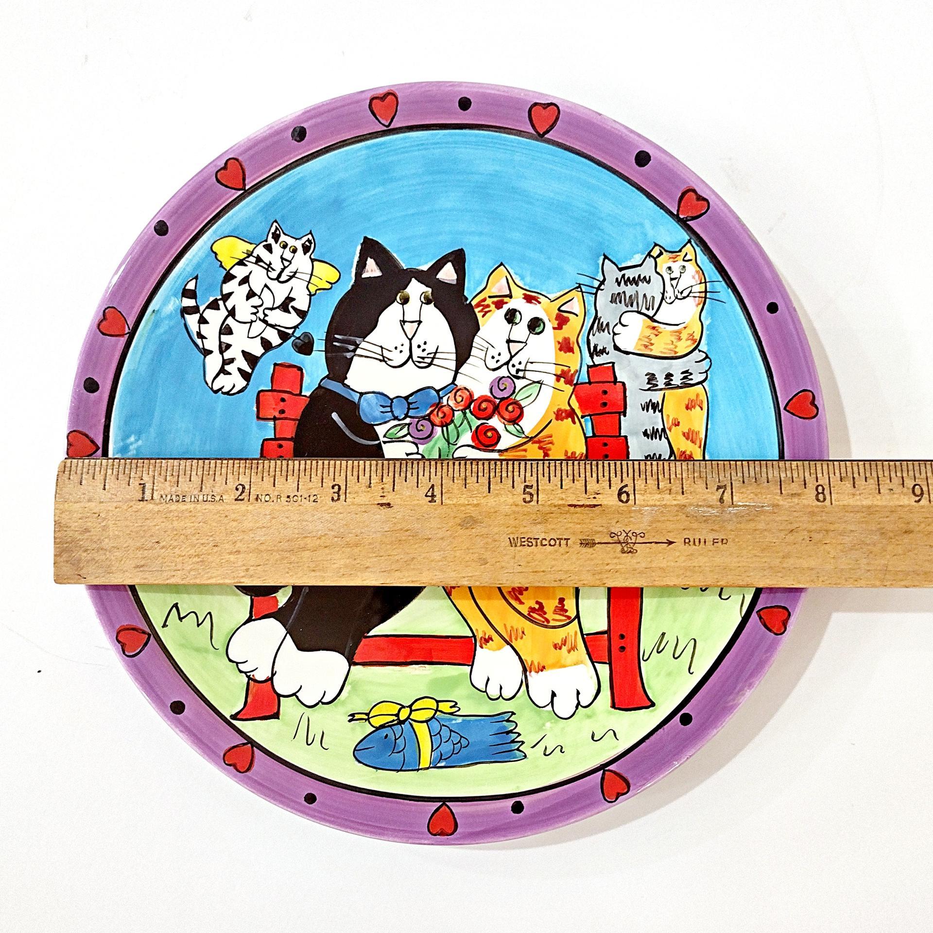 Vintage Candace Reiter Catzilla Cupid Cat Couple on a Park Bench Ceramic Plate, Whimsical Cat 8 Inch Plate