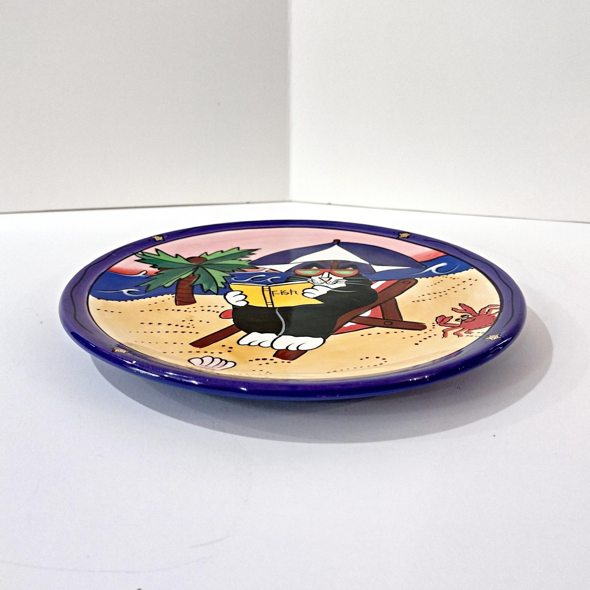 Vintage Candace Reiter Catzilla Beach Chair Reading Cat Ceramic Plate, Whimsical Cat 8 Inch Plate