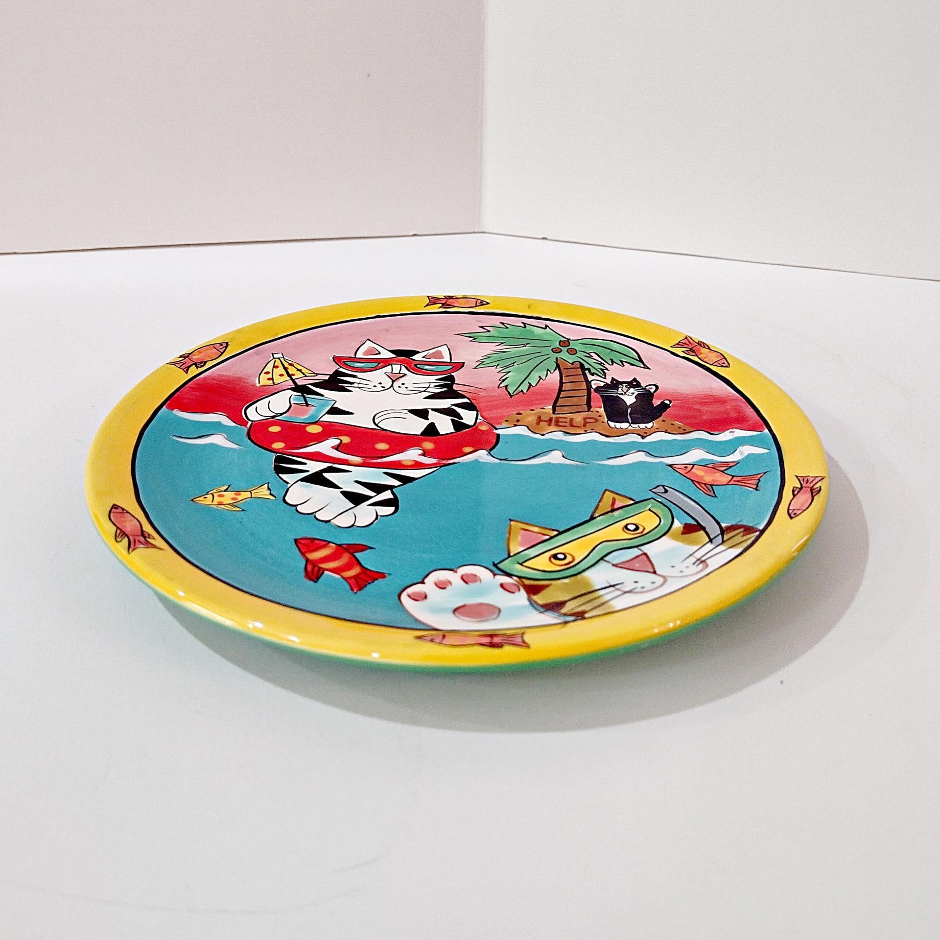 Vintage Candace Reiter Catzilla Swimming Snorkeling Cats Ceramic Plate, Whimsical Collectible Cat 8 Inch Plate
