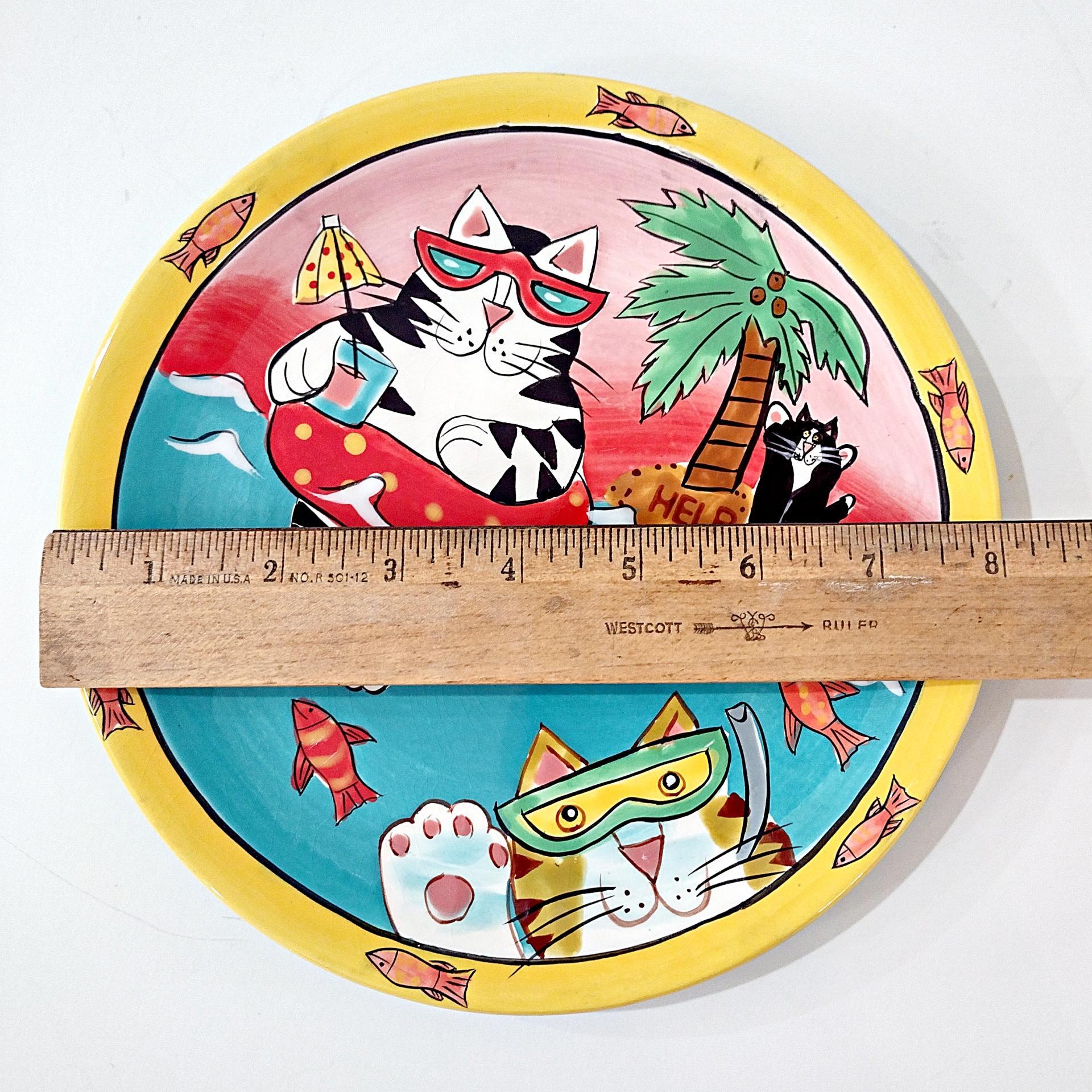Vintage Candace Reiter Catzilla Swimming Snorkeling Cats Ceramic Plate, Whimsical Collectible Cat 8 Inch Plate