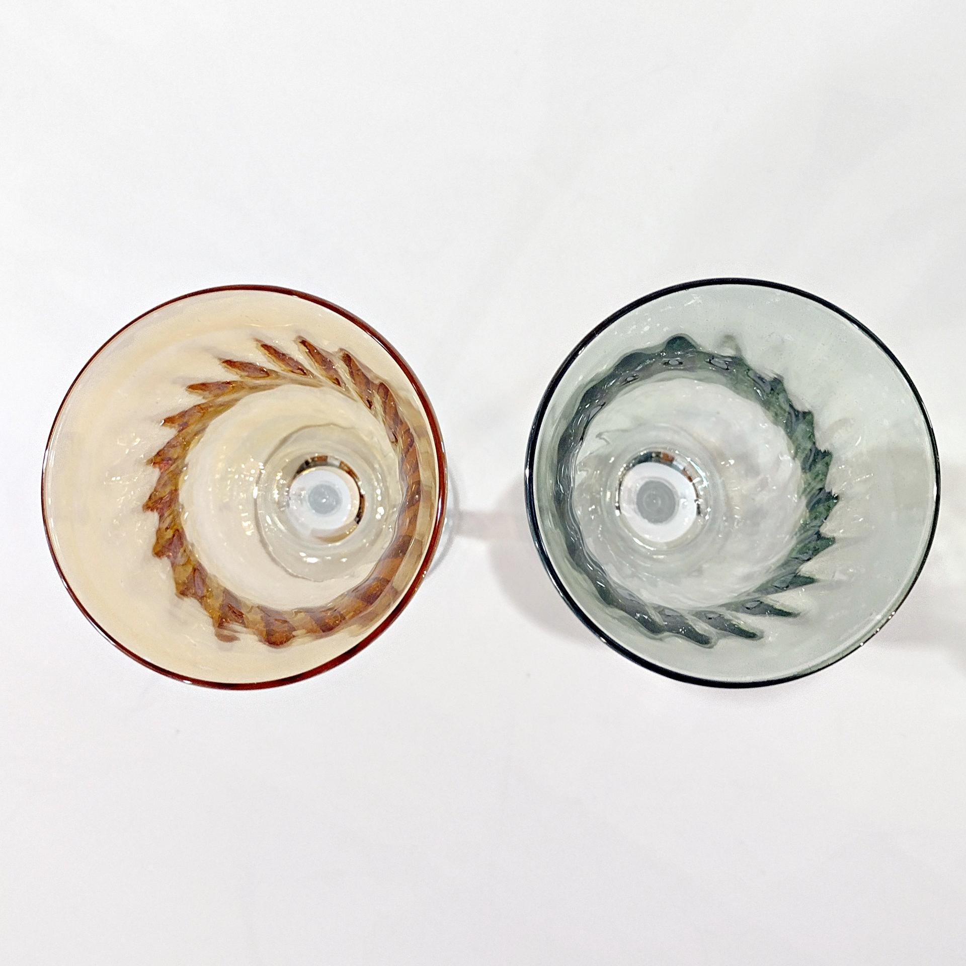 Vintage Crate and Barrel Amber and Green Optic Swirl Wine Glasses, Set of 2