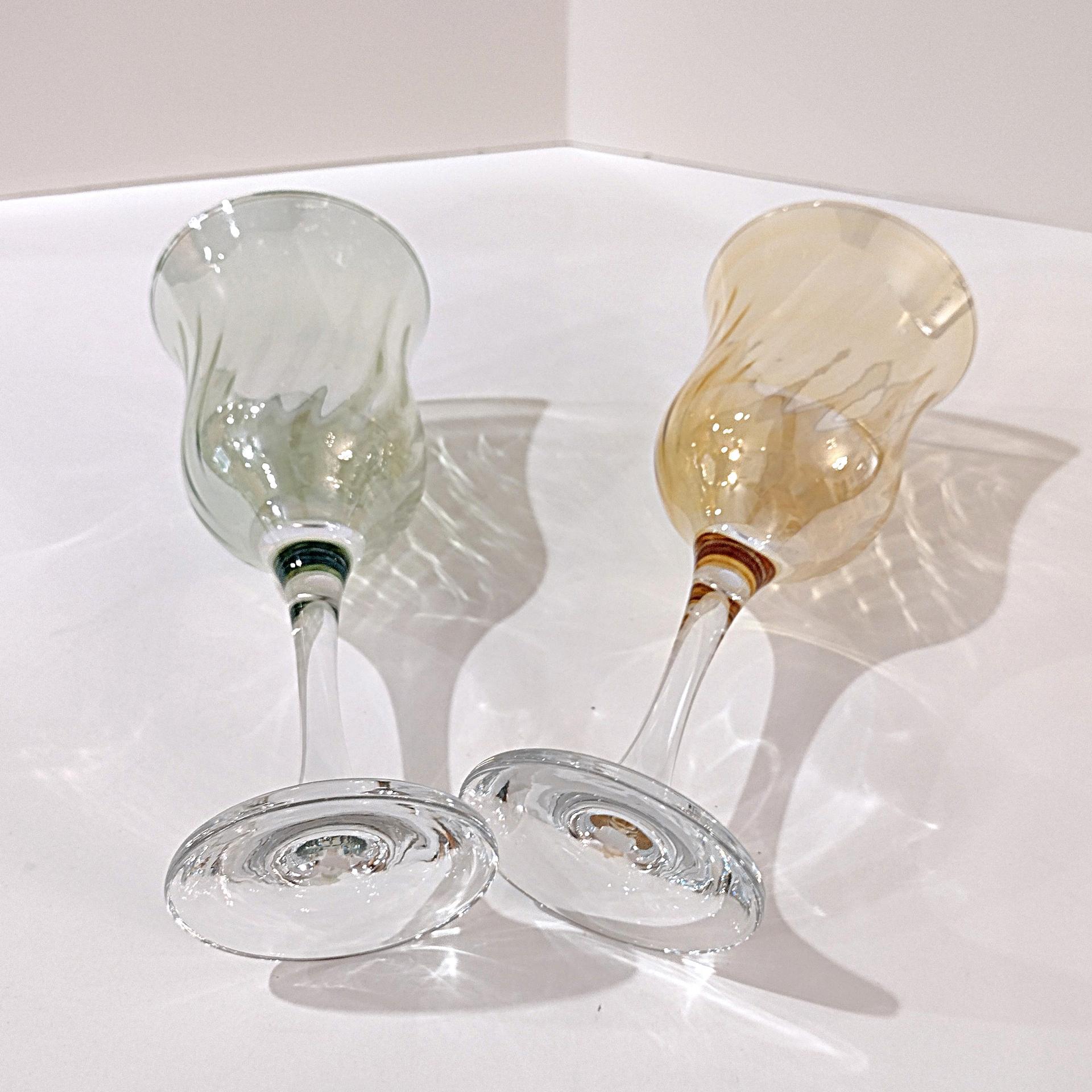 Vintage Crate and Barrel Amber and Green Optic Swirl Wine Glasses, Set of 2