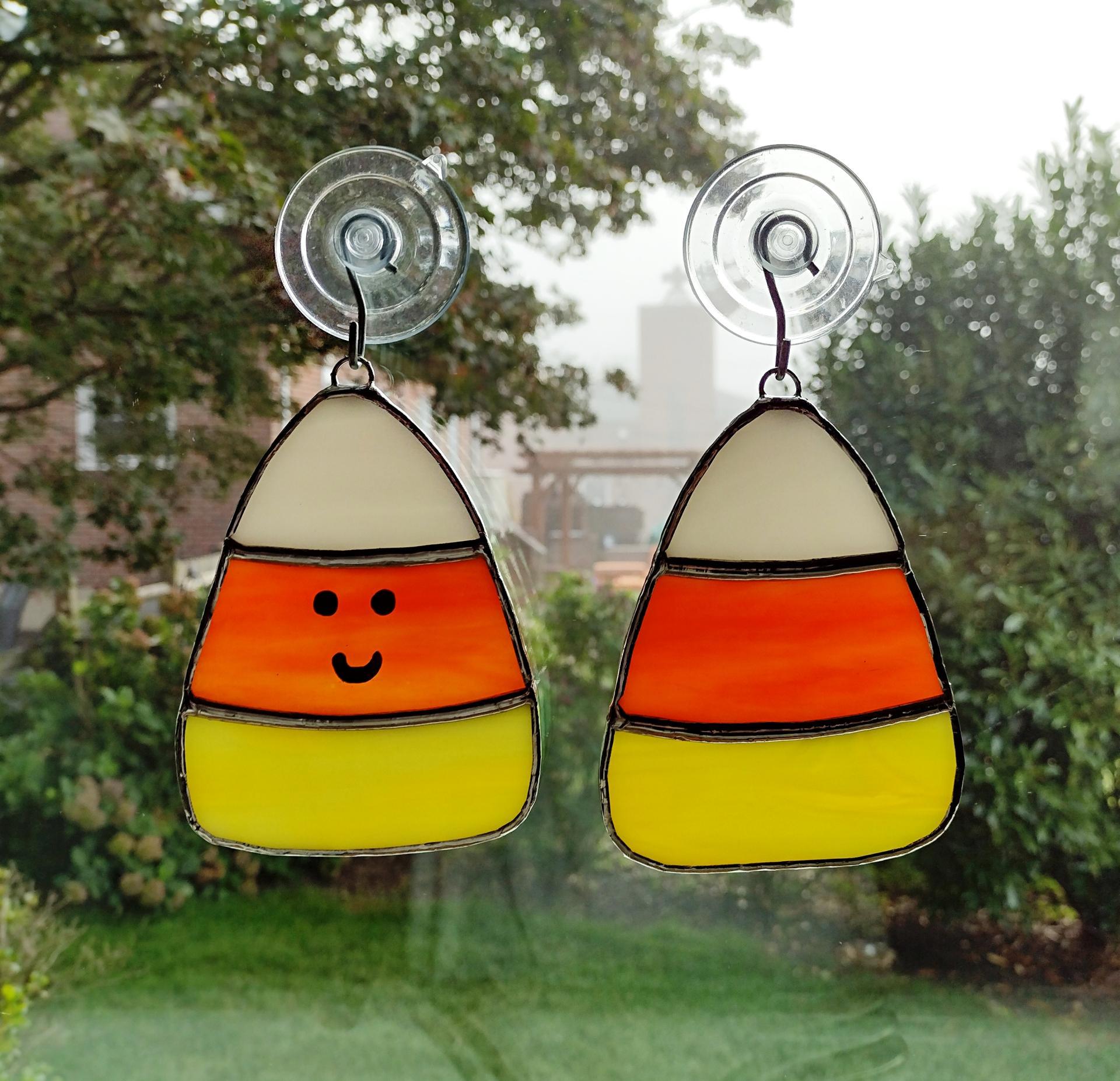 Stained Glass Candy Corn Suncatcher, Halloween Decoration, Happy Face or Plain Candy Corn Ornament