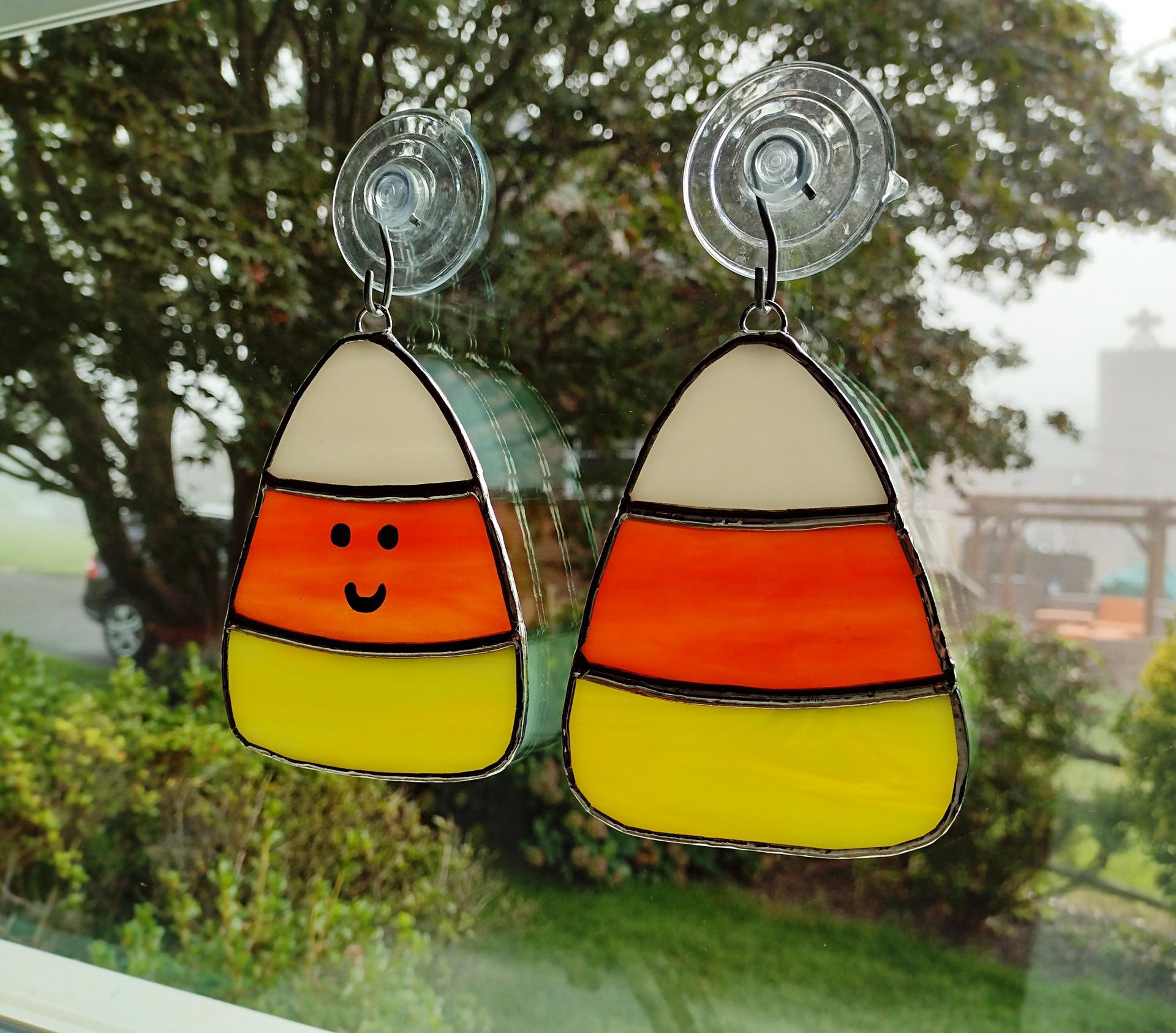 Stained Glass Candy Corn Suncatcher, Halloween Decoration, Happy Face or Plain Candy Corn Ornament