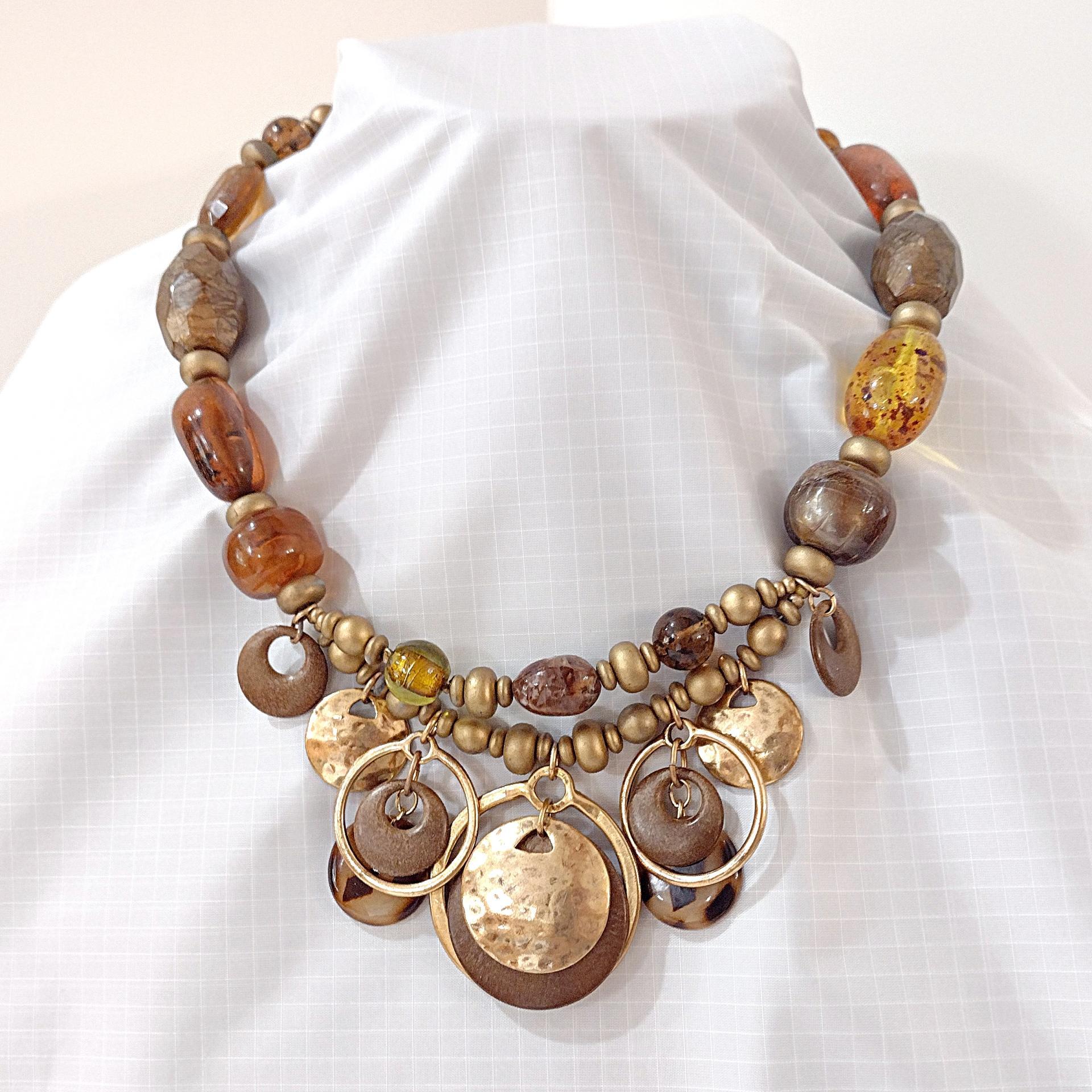 Vintage Brown and Amber Beaded, Gold Tone Rings and Bangles Chico's Statement Necklace, Adjustable 16" to 20"