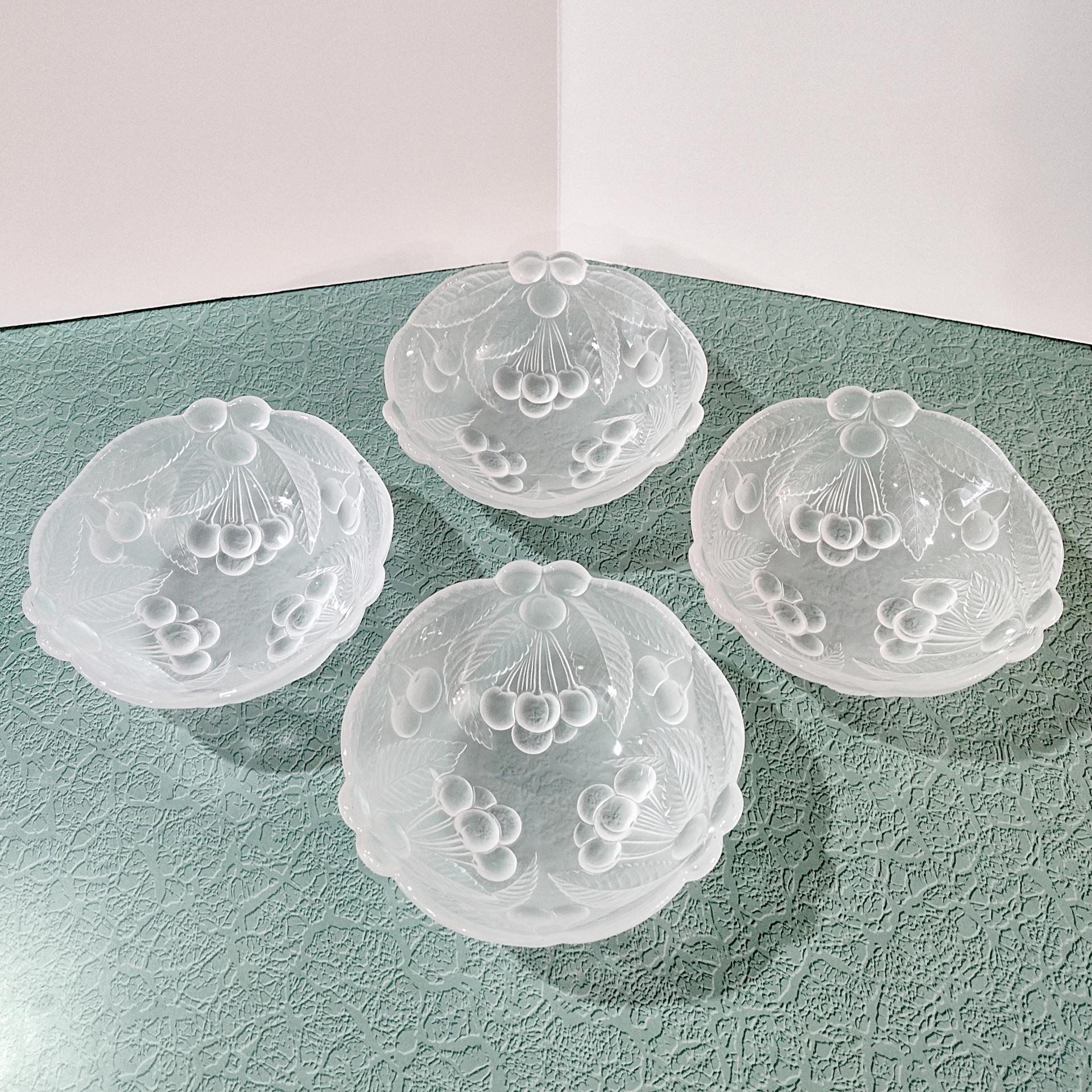 Vintage Mikasa Bountiful Frosted Glass Salad Soup Bowls, Set of Four, Raised Cherries Fruit Design