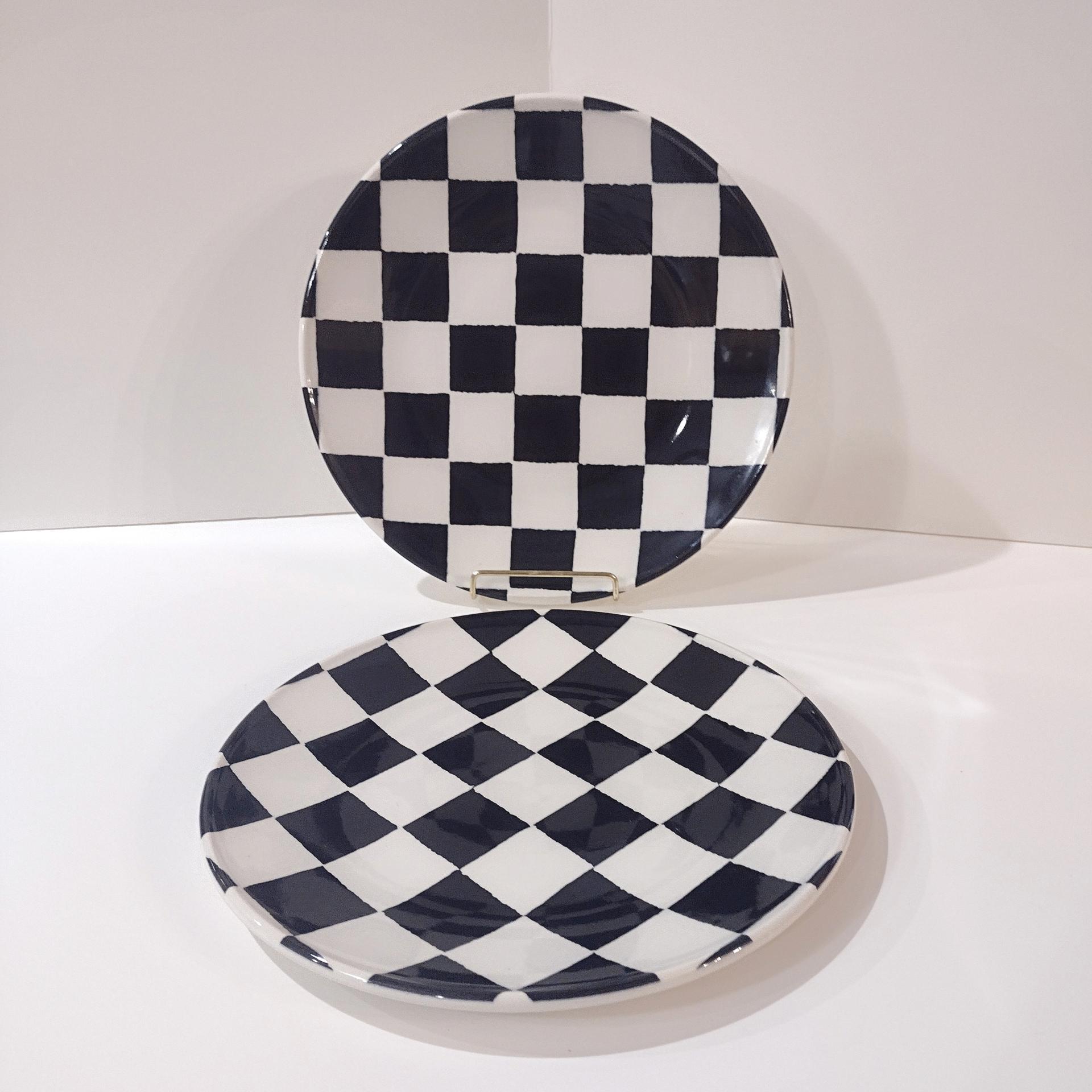 Vintage Royal Stafford Chequers Dinner Plates, Set of Two, Black and White Checkerboard Ceramic Stoneware Plates
