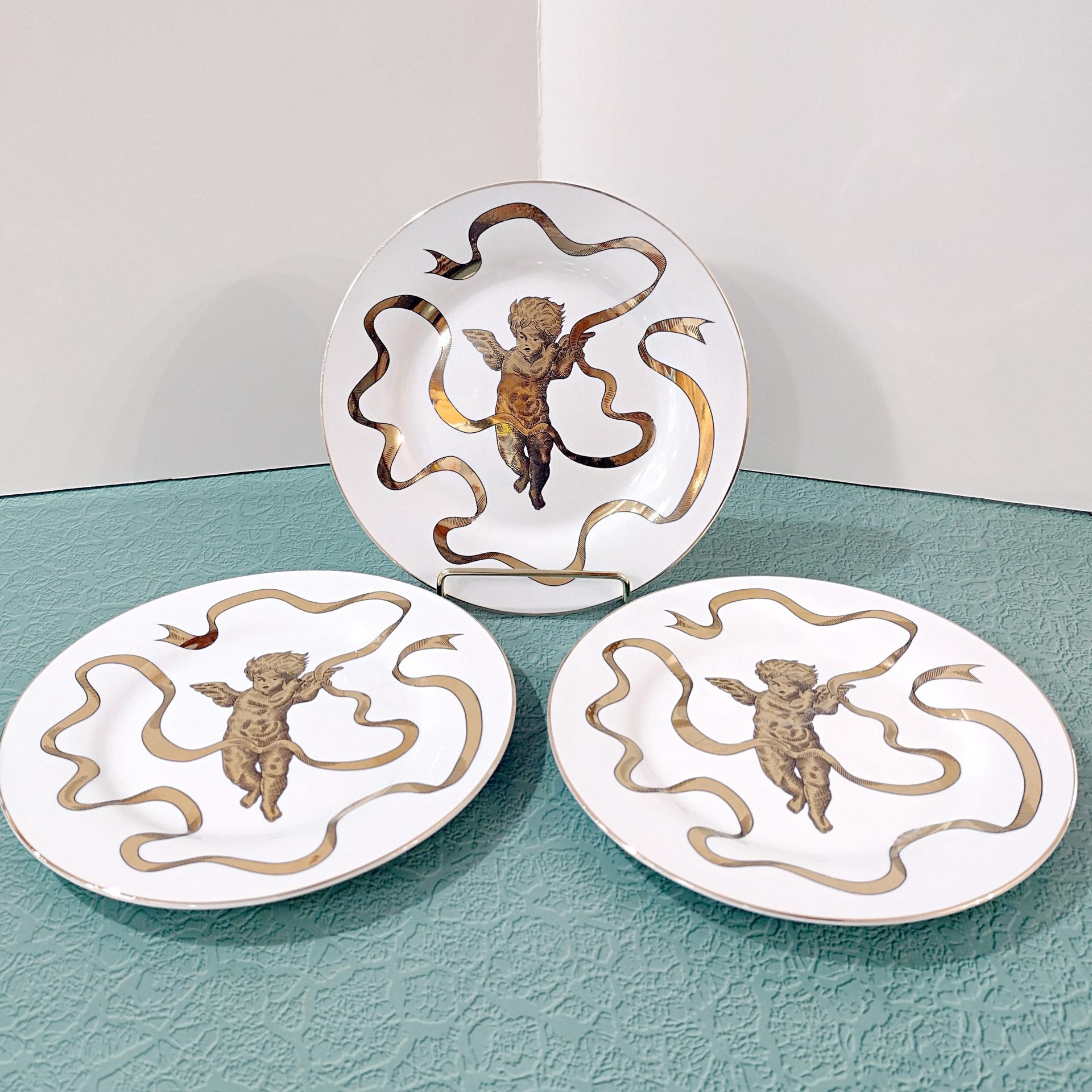 Vintage Gold Gilted Cherub Angel Appetizer Dessert Plates, Set of 3, Gold Metallic Holiday Plates
