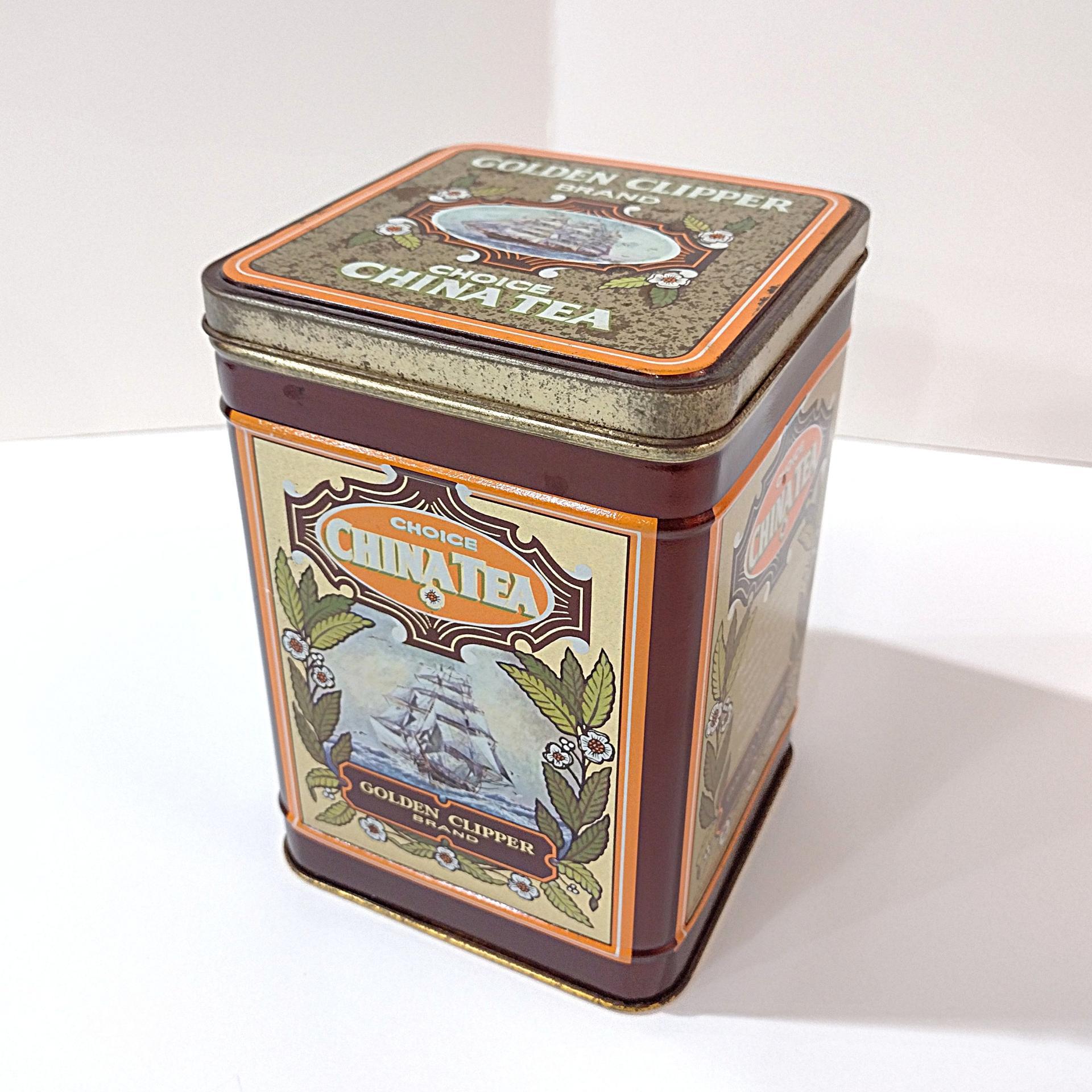 Vintage Golden Clipper Choice China Tea Hinged Lid Tin Storage Box, 1950's Tea Tin with Ship Design made in England