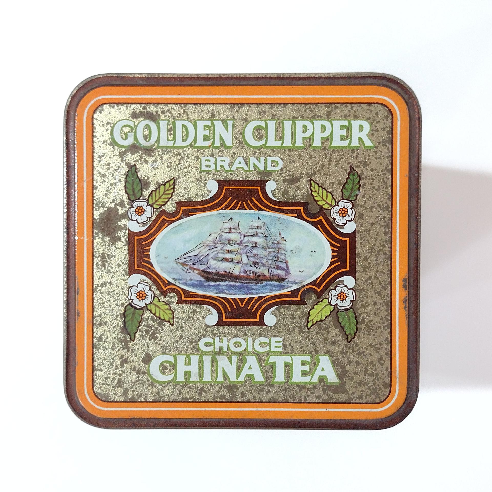 Vintage Golden Clipper Choice China Tea Hinged Lid Tin Storage Box, 1950's Tea Tin with Ship Design made in England