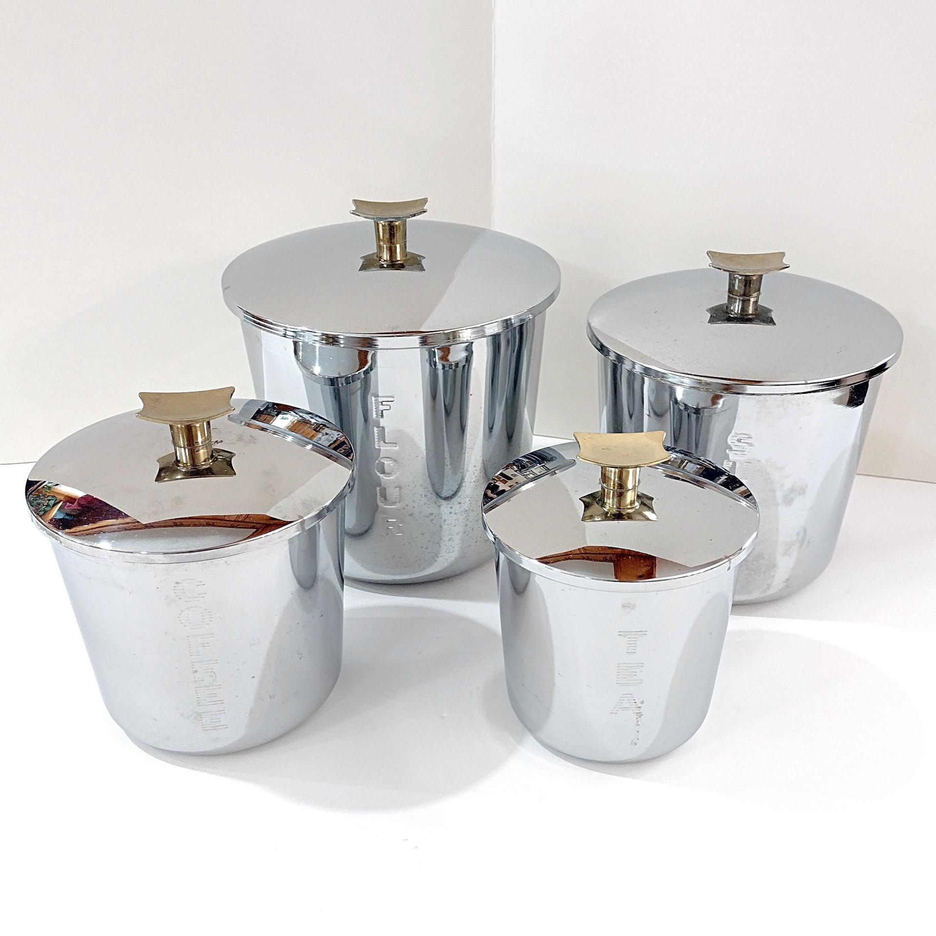 Vintage Everedy Classic Stainless Steel Four Piece Canister Set, MCM Flour Sugar Coffee Tea Metal Canister Set