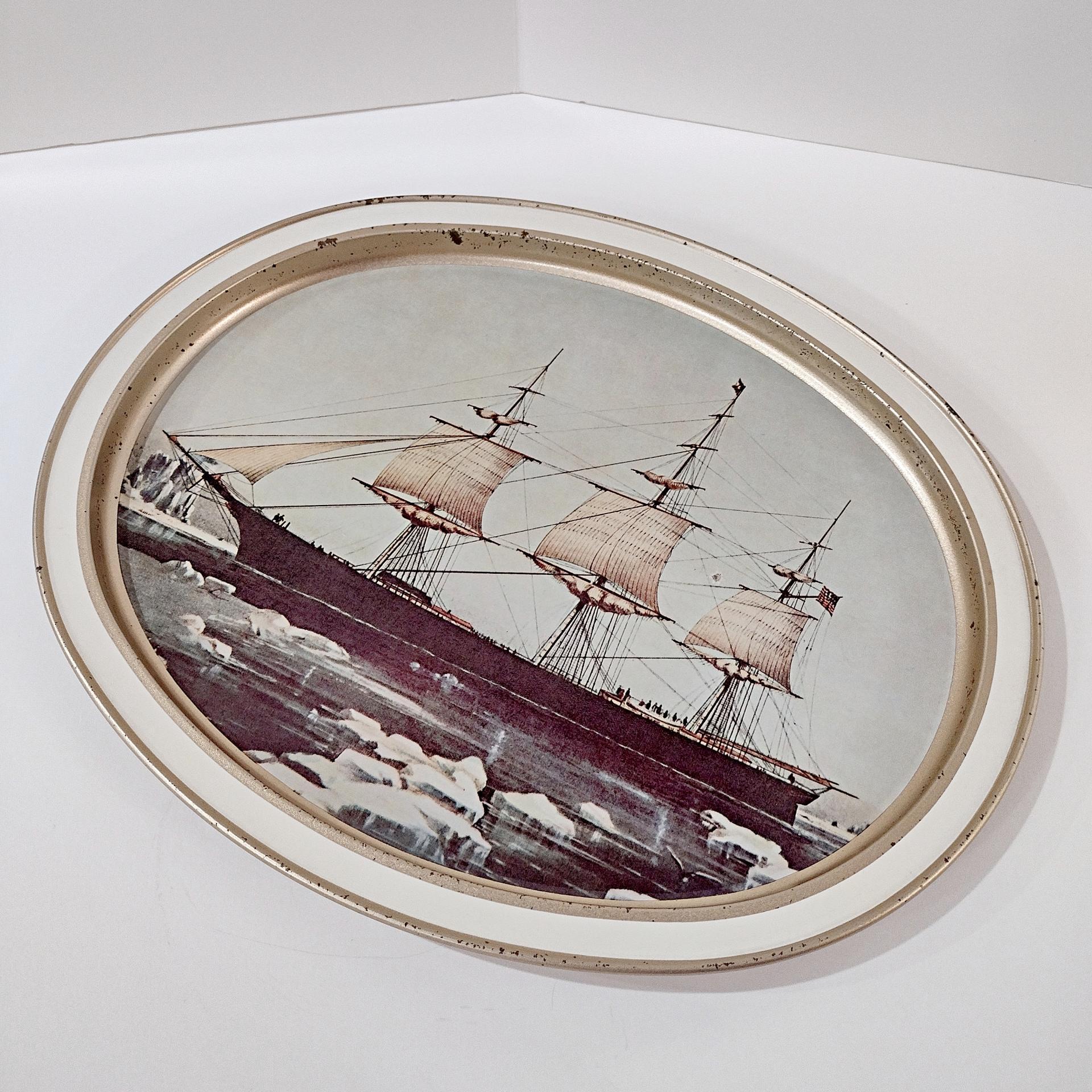 Vintage Currier and Ives Clipper Ship Red Jacket Oval Metal Serving Tray, Sunshine Biscuits Collectible Tray