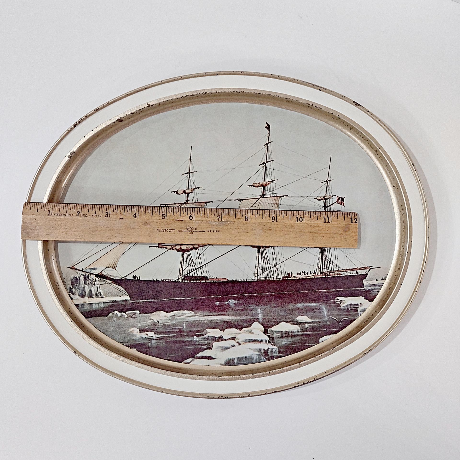 Vintage Currier and Ives Clipper Ship Red Jacket Oval Metal Serving Tray, Sunshine Biscuits Collectible Tray