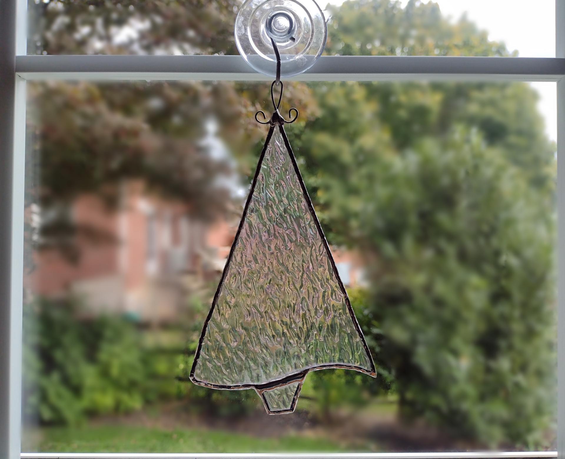 Stained Glass Christmas Tree Suncatcher / Ornament, Clear Iridescent Glass