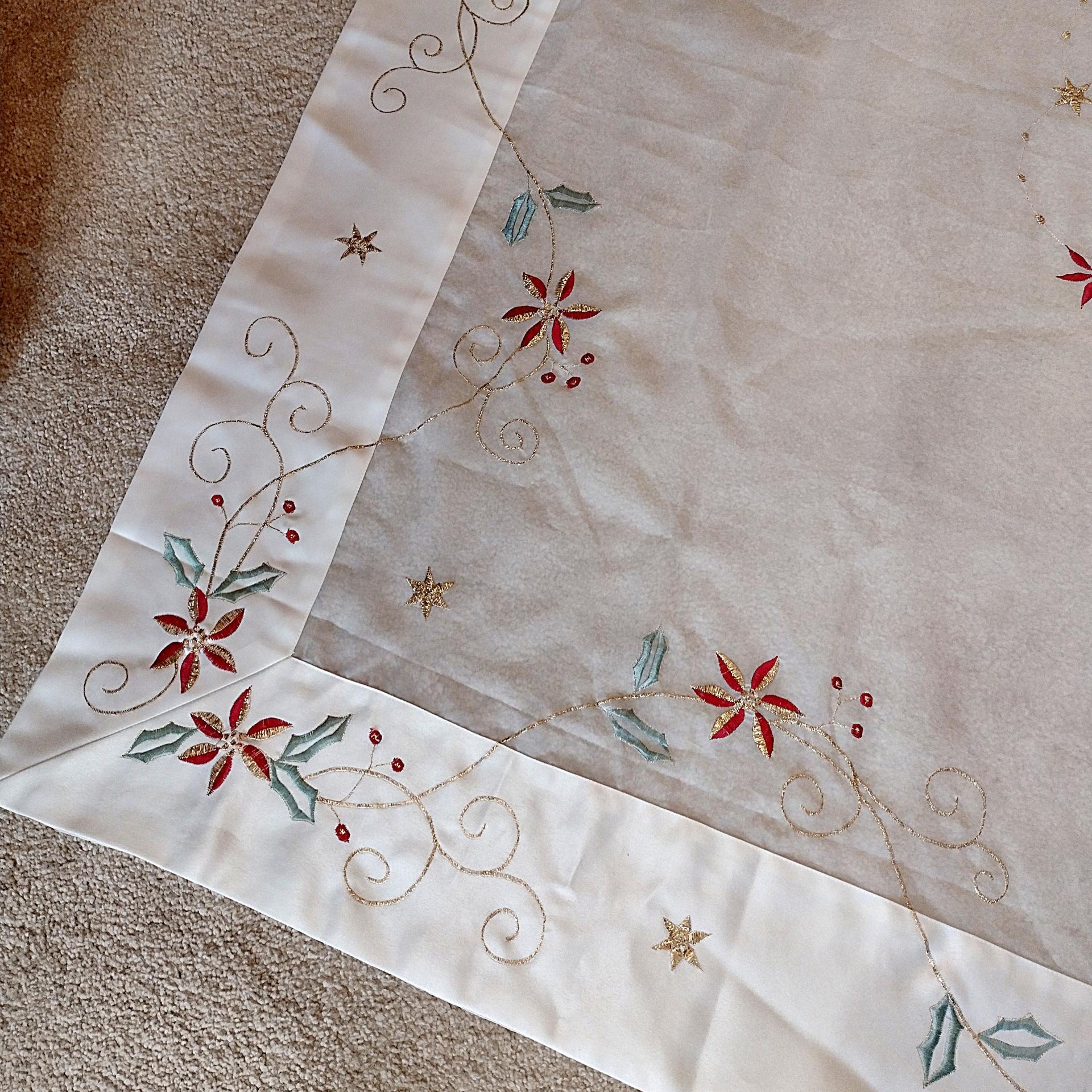 Vintage Hand Embroidered Square Holiday Christmas Tablecloth with Holly, Flower, and Star Design