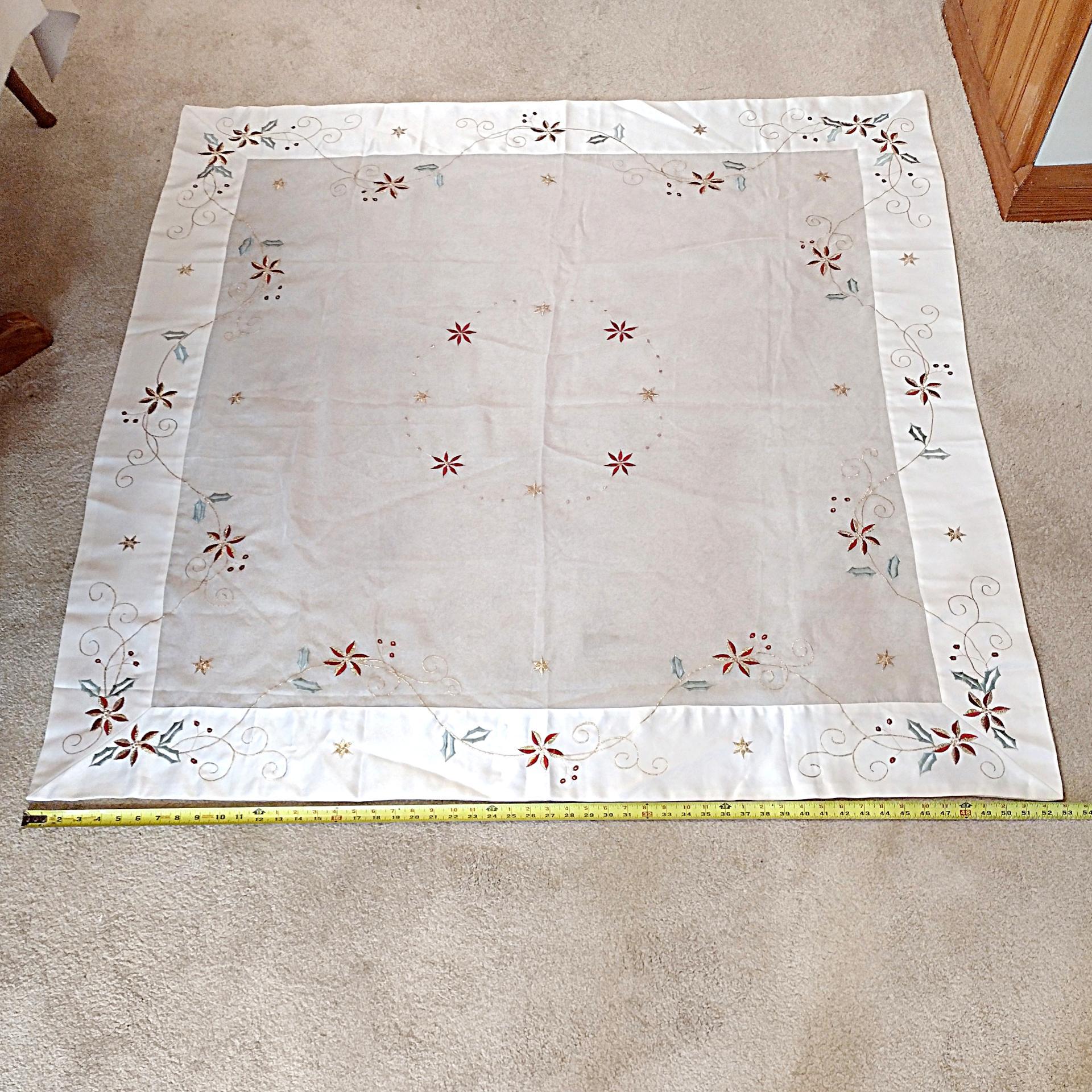 Vintage Hand Embroidered Square Holiday Christmas Tablecloth with Holly, Flower, and Star Design