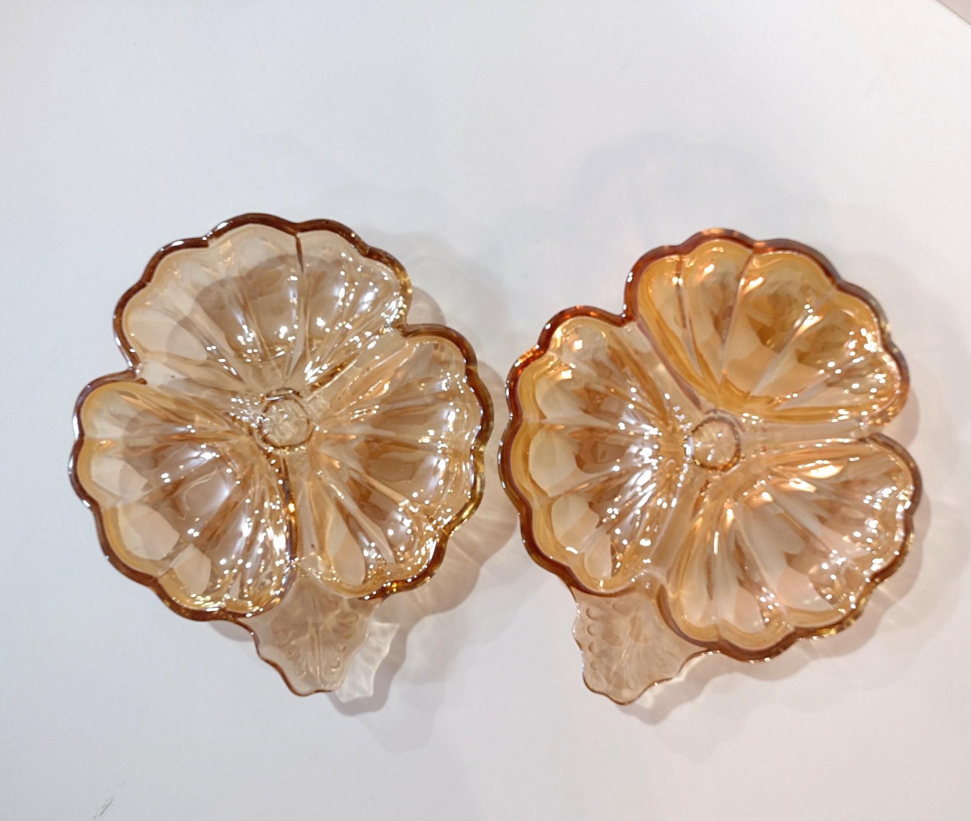 Vintage Jeanette Glass Marigold Doric Iridescent Clover Candy Nut Dishes, Set of Two, Vintage Carnival Glass