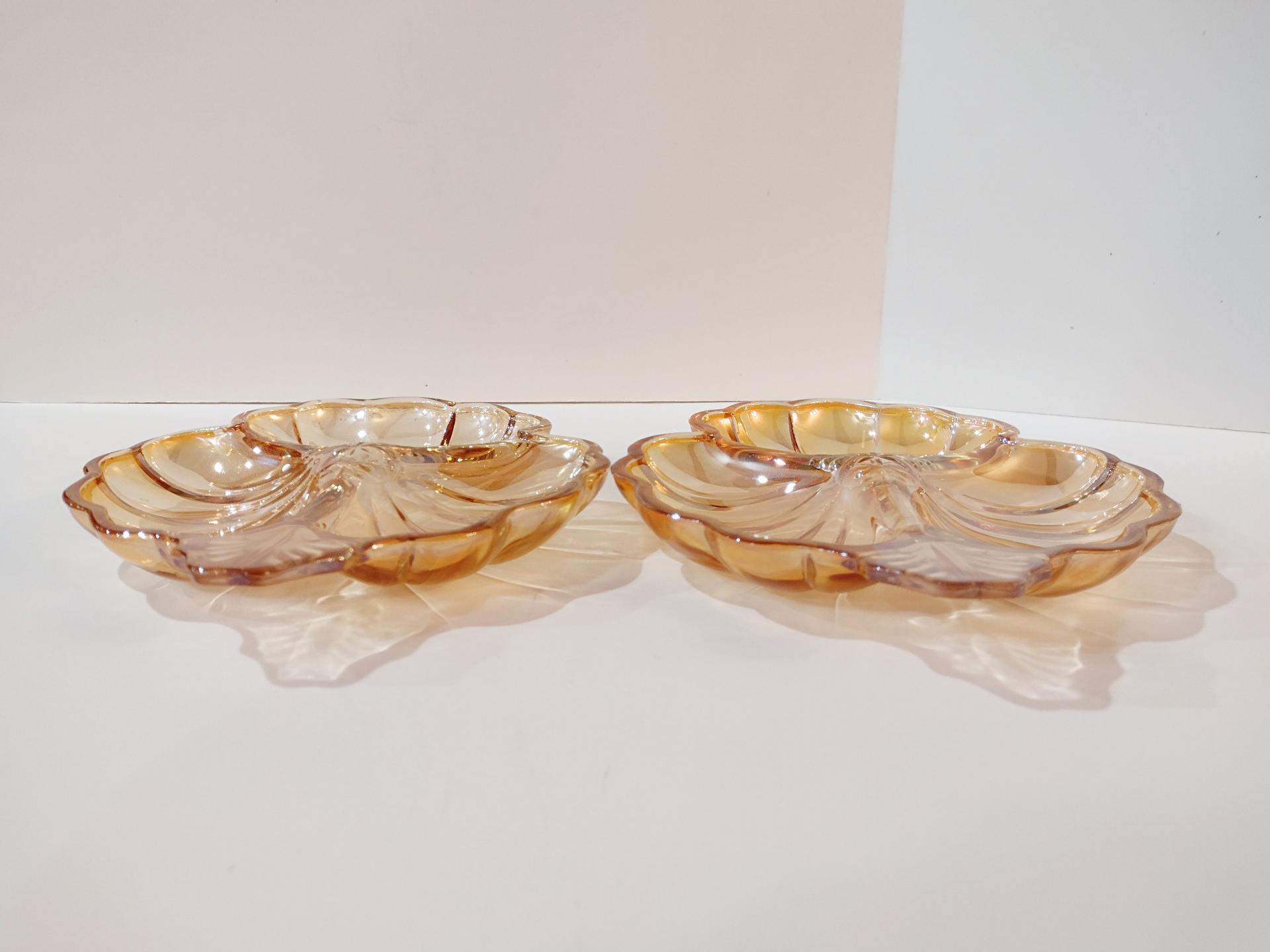 Vintage Jeanette Glass Marigold Doric Iridescent Clover Candy Nut Dishes, Set of Two, Vintage Carnival Glass