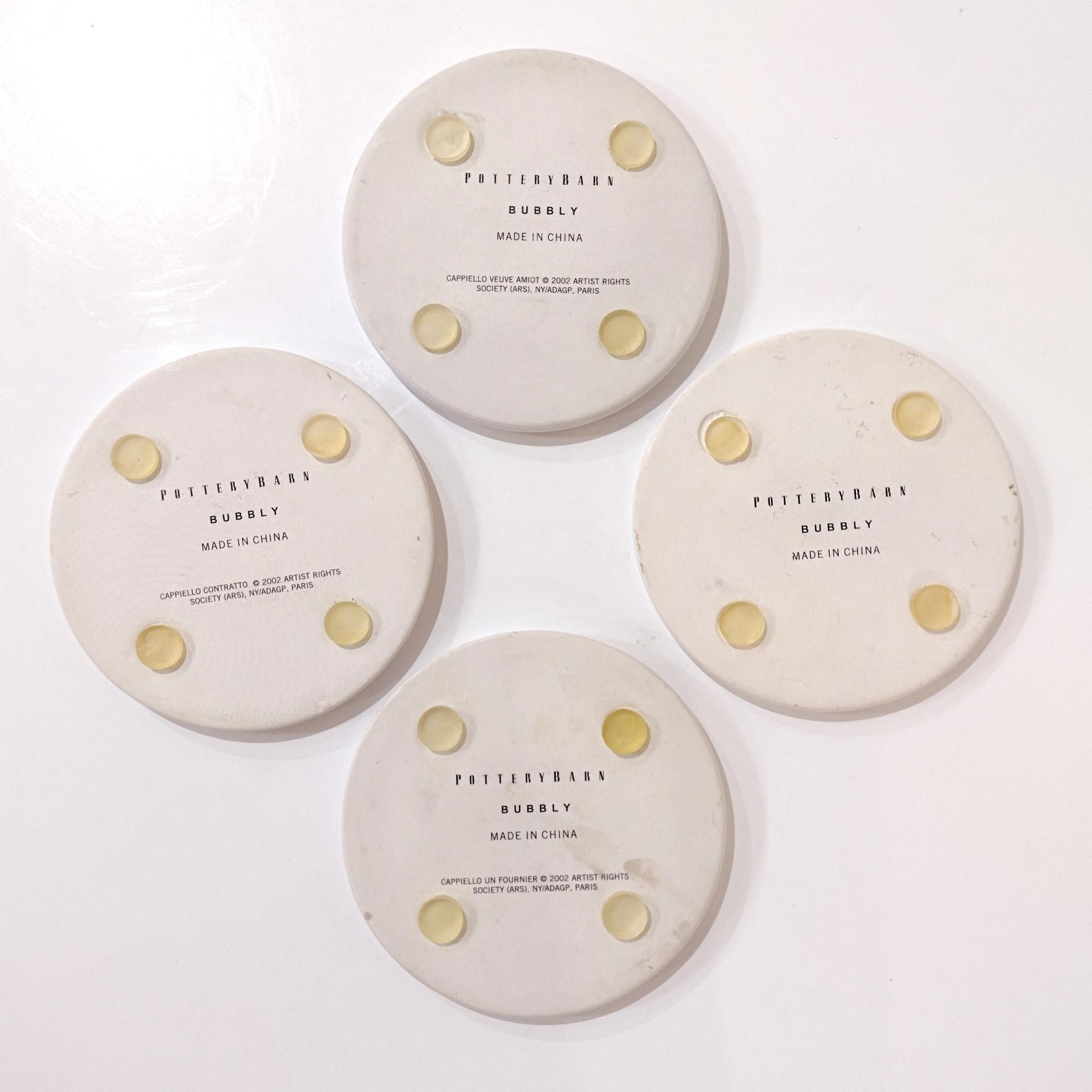 Vintage Pottery Barn Bubbly Coaster Set, French Champagne Ceramic Coasters, Set of Four