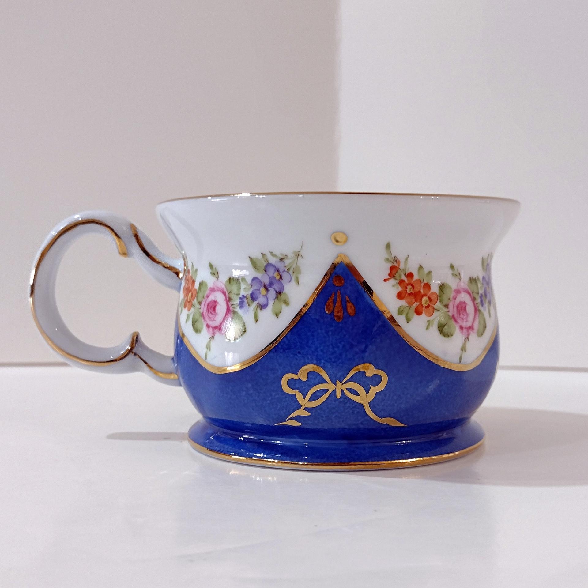 Vintage Hand Painted Floral Flat Tea Cup, Blue Gold and Pink Painted Mug