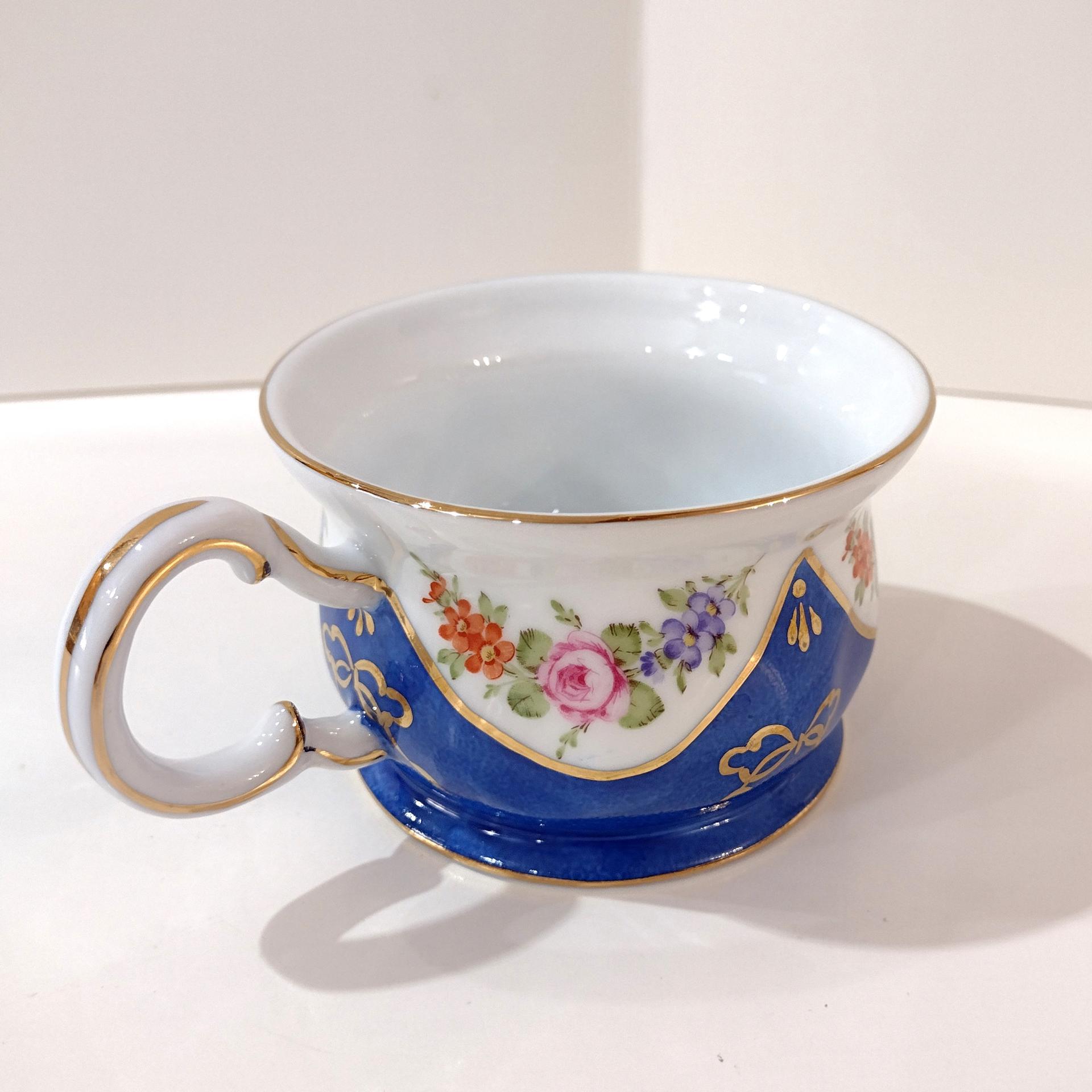 Vintage Hand Painted Floral Flat Tea Cup, Blue Gold and Pink Painted Mug