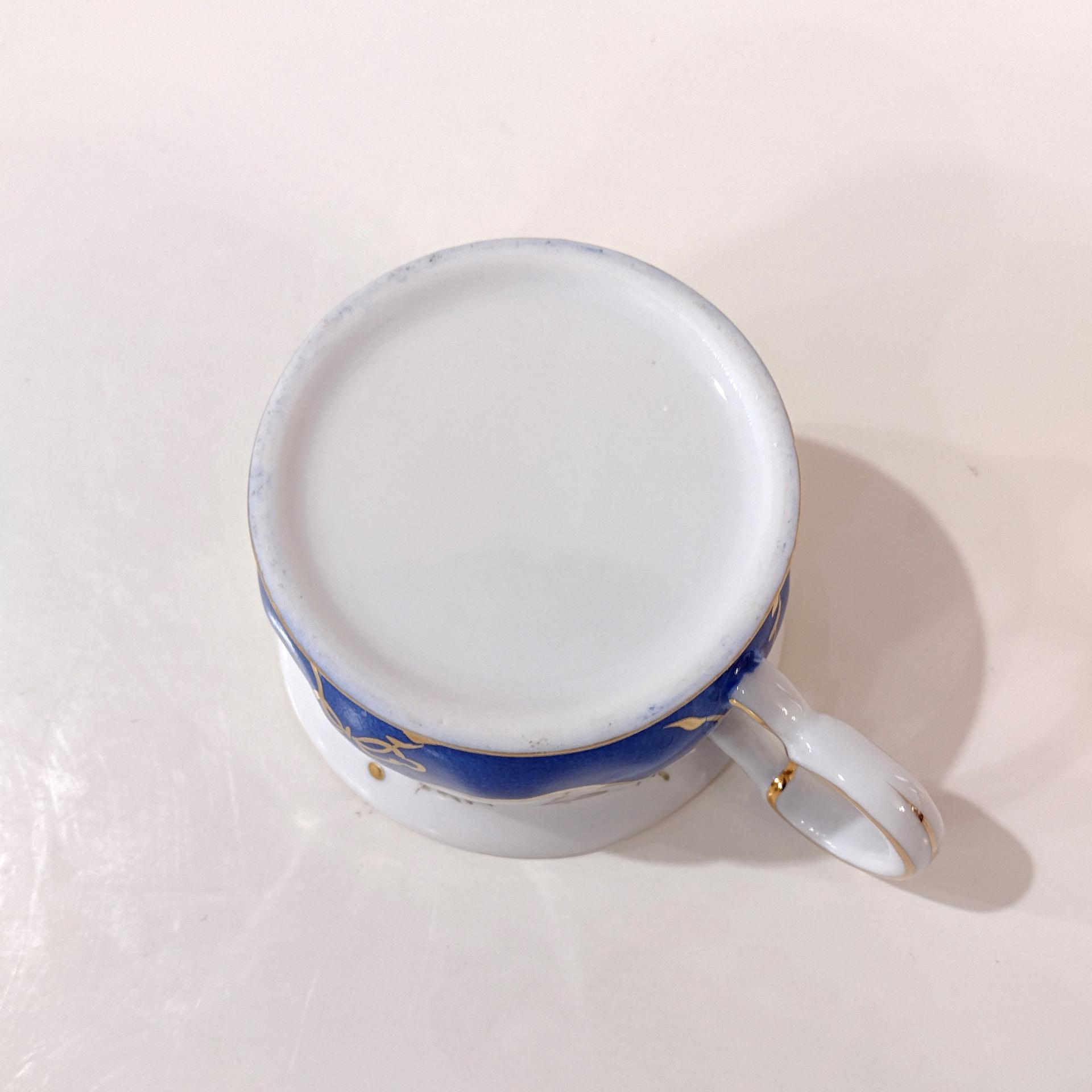 Vintage Hand Painted Floral Flat Tea Cup, Blue Gold and Pink Painted Mug