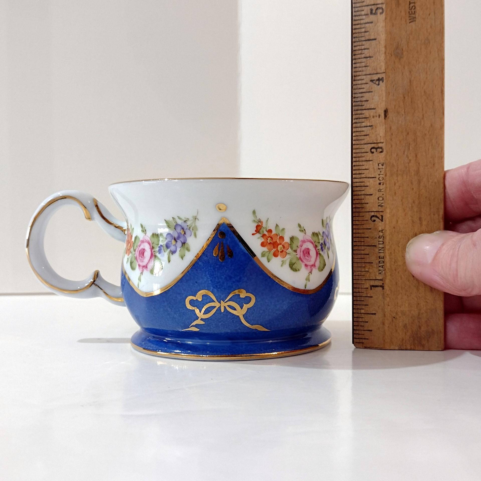 Vintage Hand Painted Floral Flat Tea Cup, Blue Gold and Pink Painted Mug