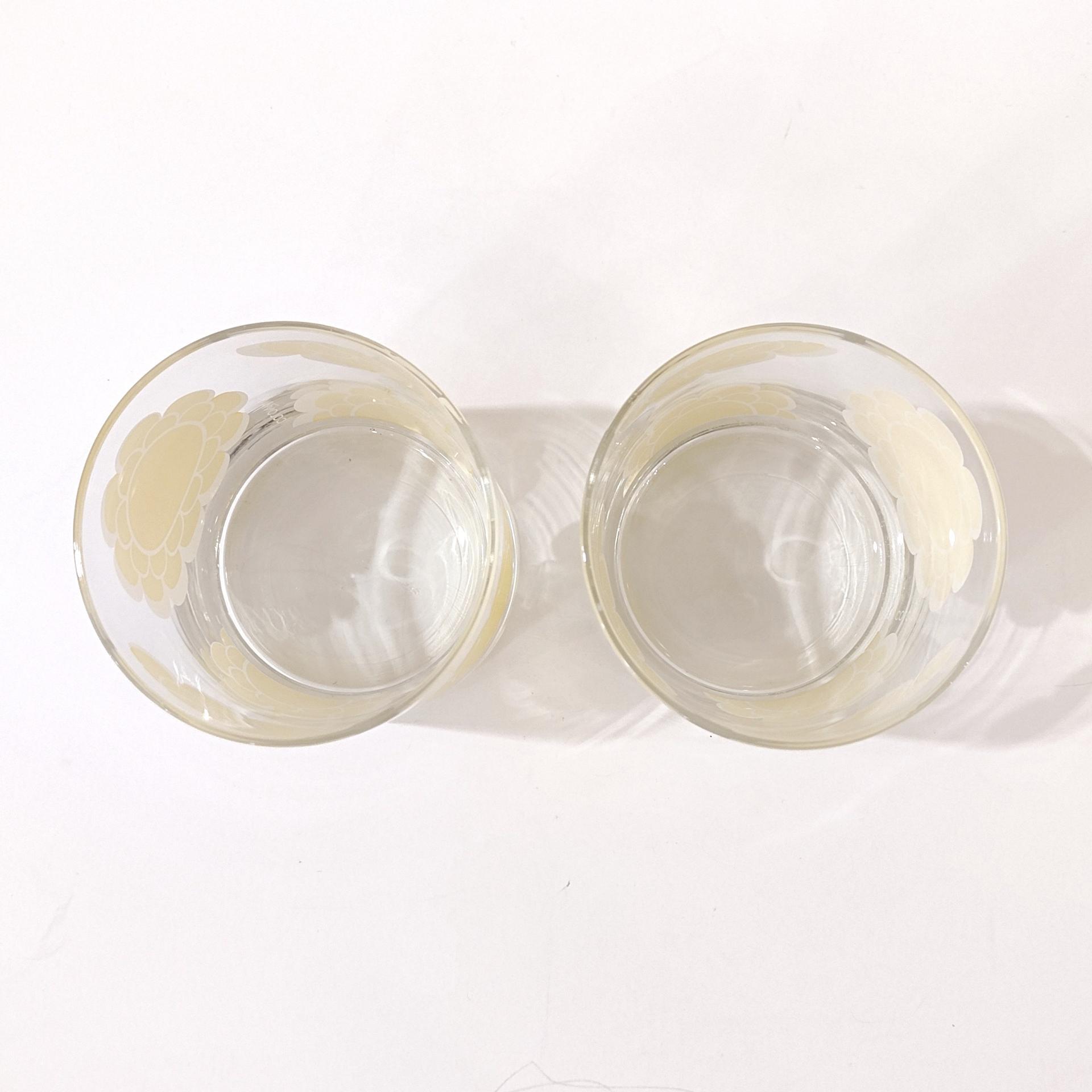 Vintage Colony Indiana Glass Yellow Flower Lowball Whiskey Glasses, Set of 2, MCM Floral Barware