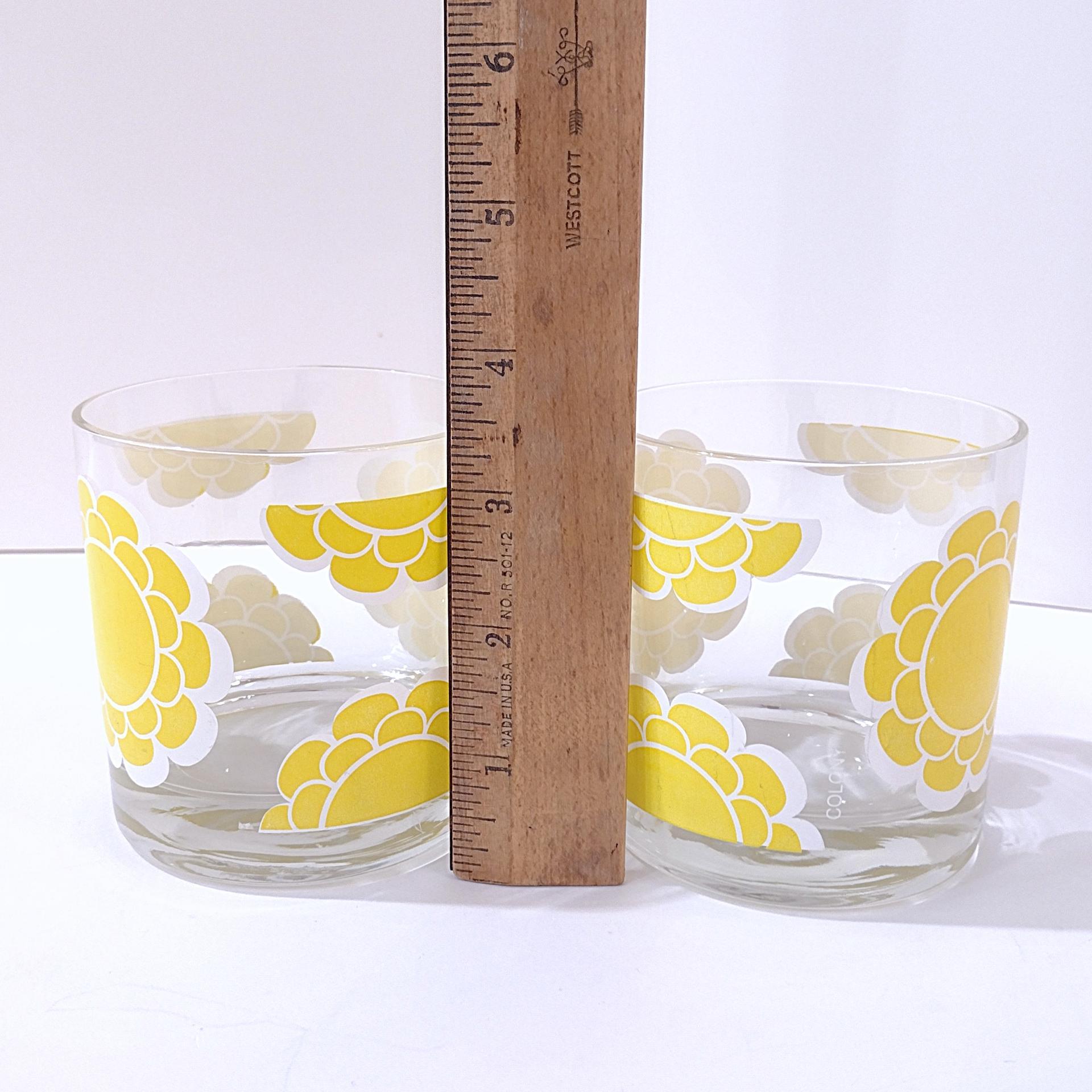 Vintage Colony Indiana Glass Yellow Flower Lowball Whiskey Glasses, Set of 2, MCM Floral Barware