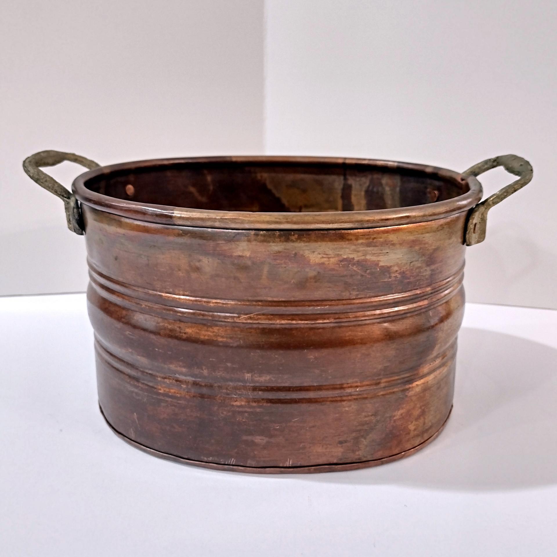 Vintage Patinaed Oval Copper Jardiniere Planter Pot with Brass Handles, Turkish Copper Vessel