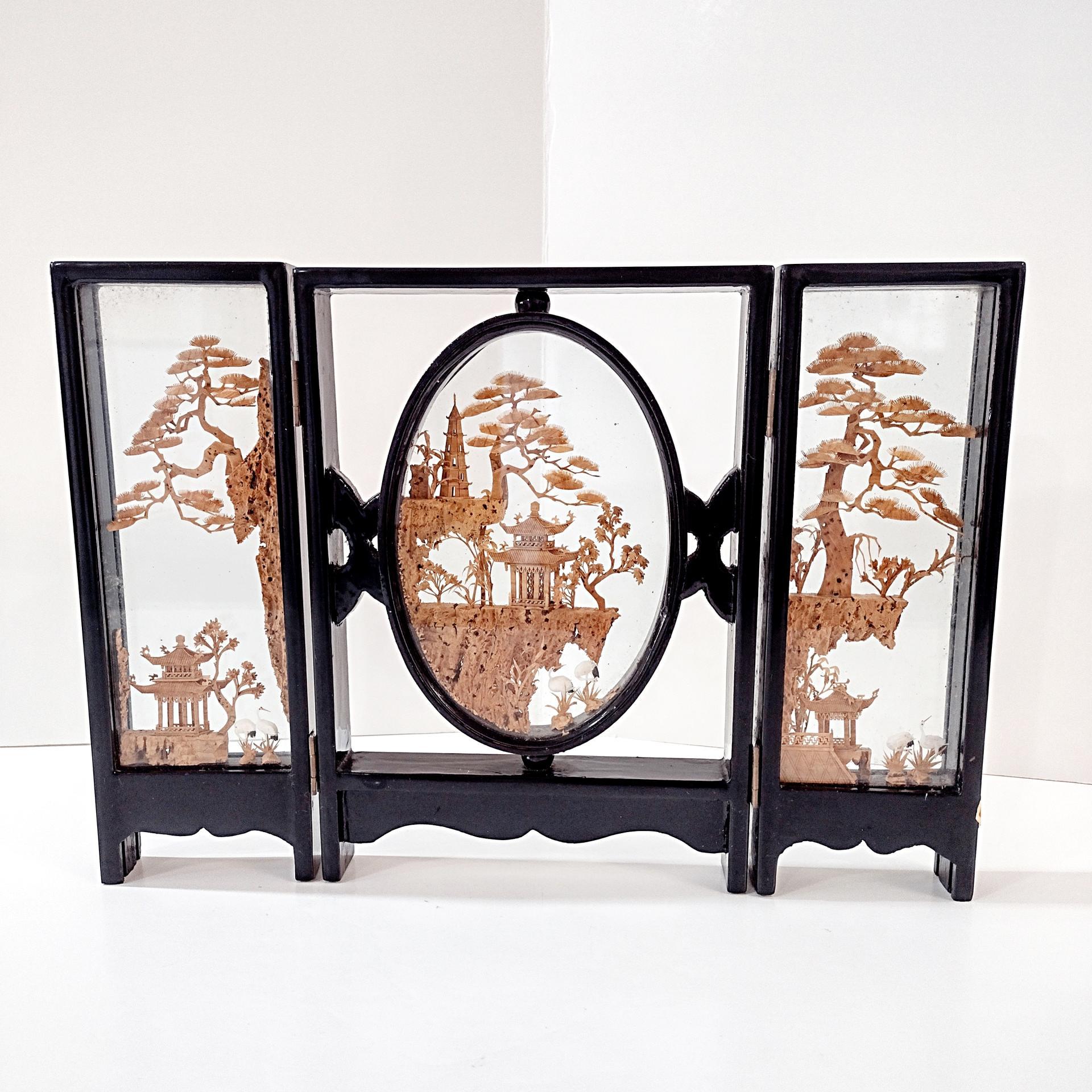 Vintage Chinese Cork Carving Folding 3 Panel Tabletop Diorama, 1970s Asian Art Screen