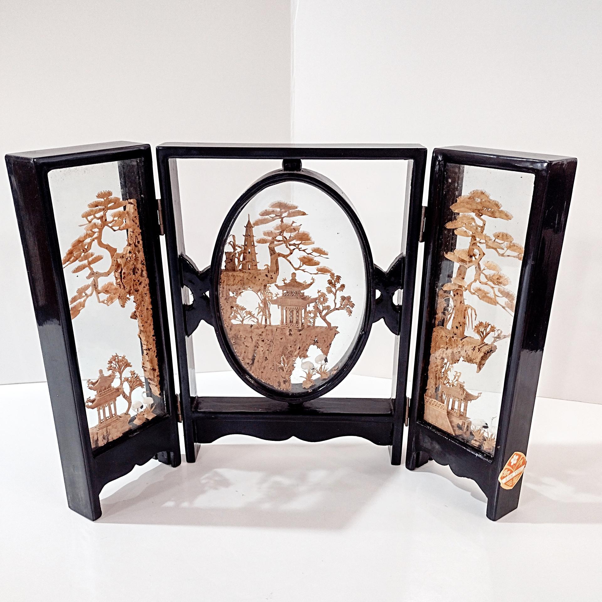 Vintage Chinese Cork Carving Folding 3 Panel Tabletop Diorama, 1970s Asian Art Screen