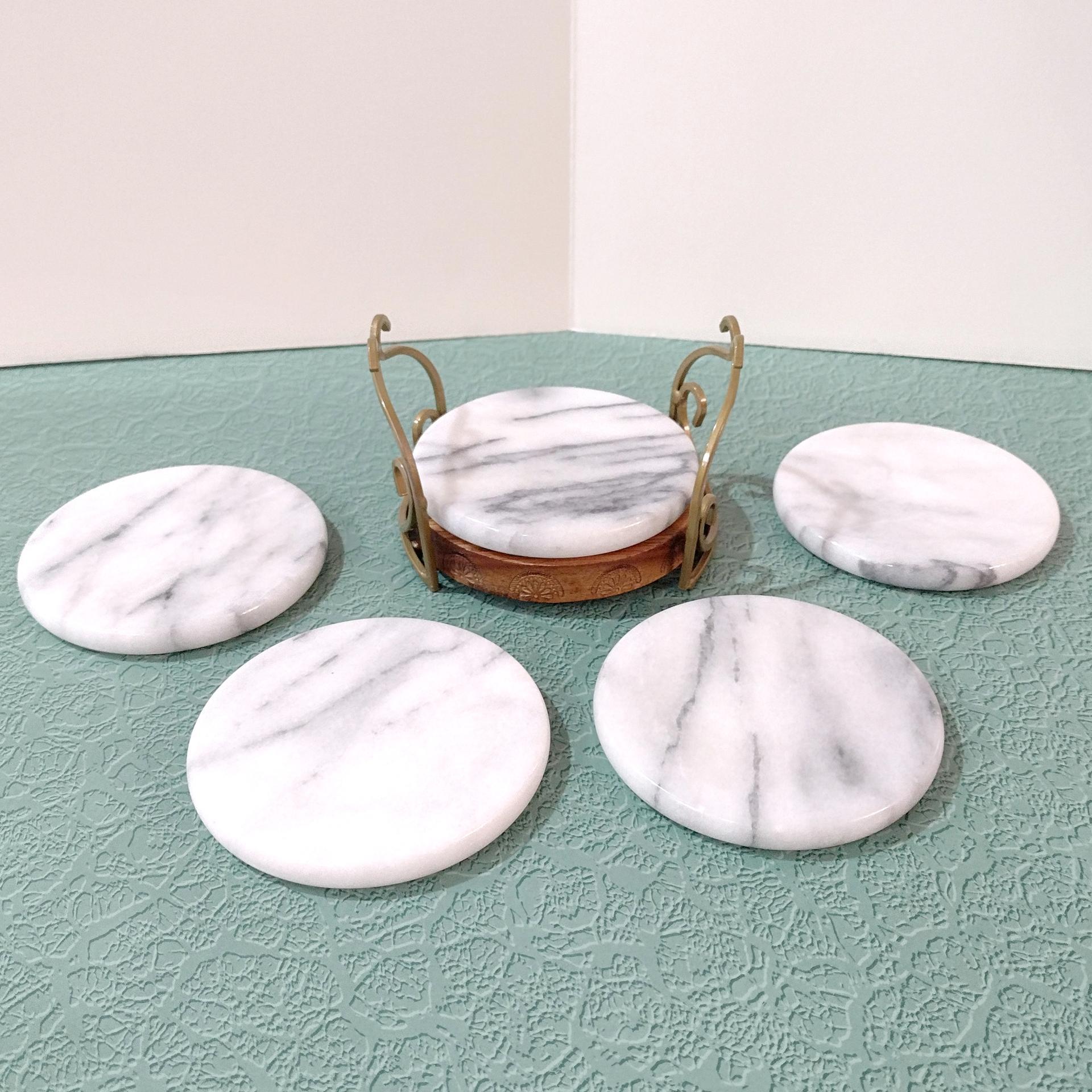 Vintage White Marble Coasters with Holder, Set of Five