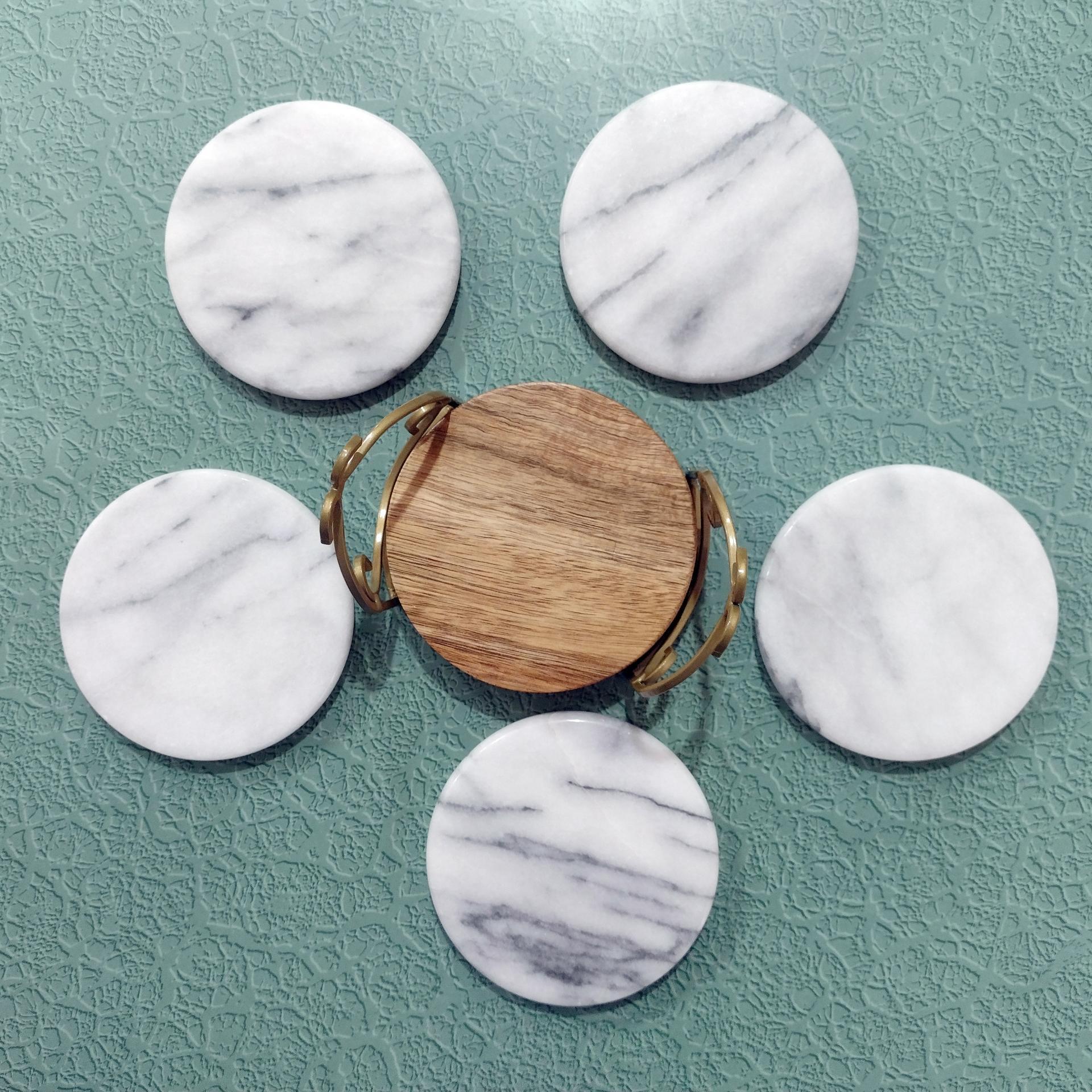 Vintage White Marble Coasters with Holder, Set of Five