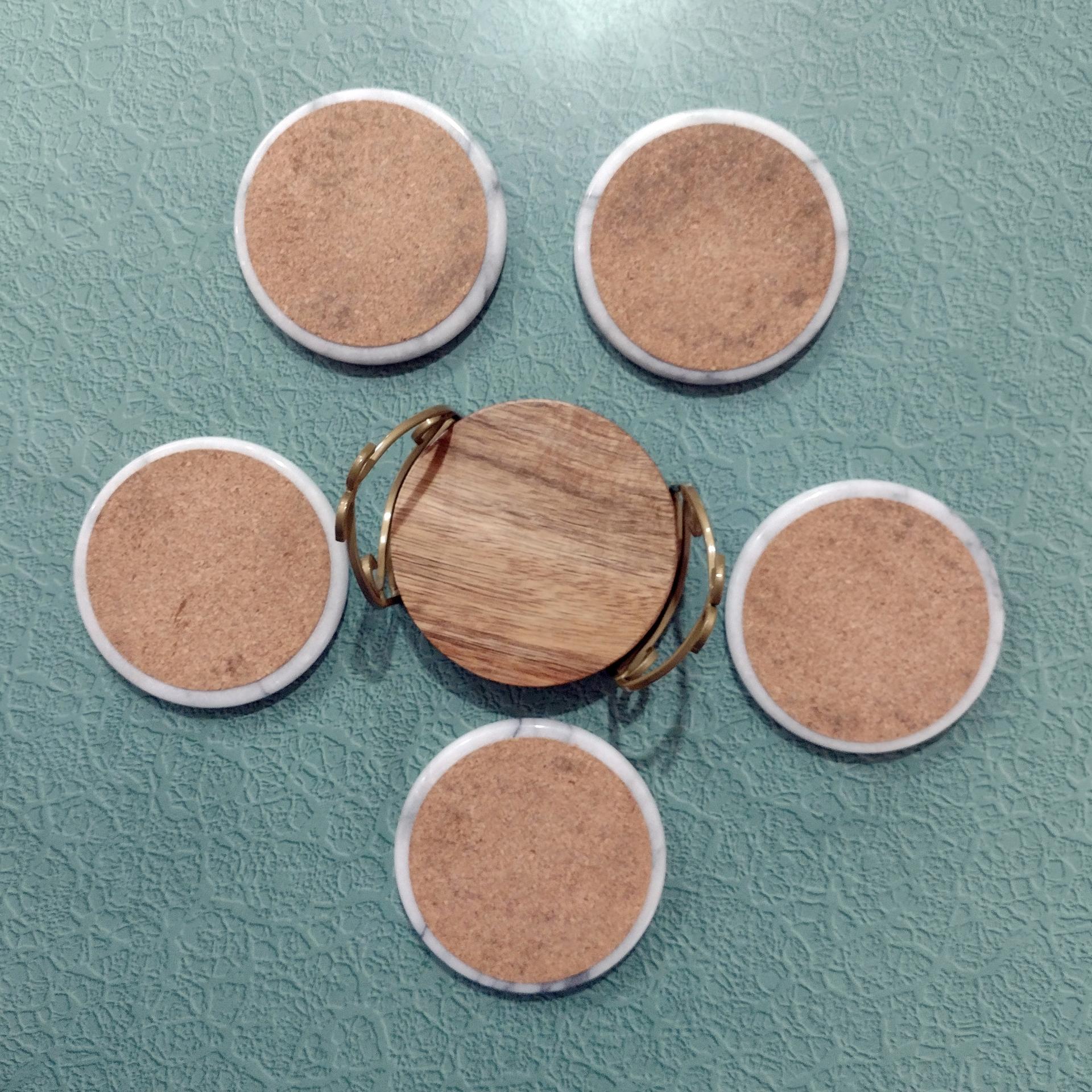Vintage White Marble Coasters with Holder, Set of Five